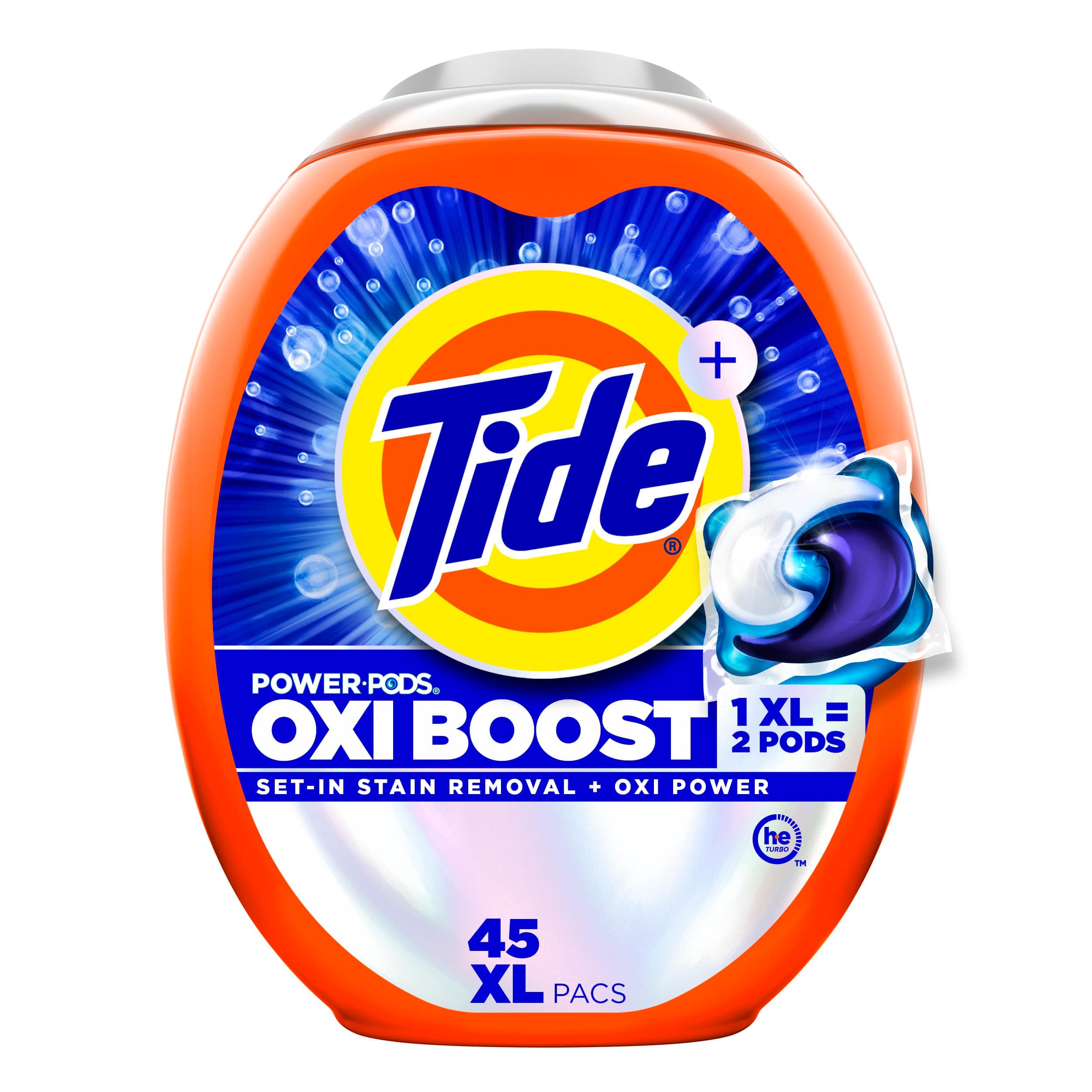 Oxi Boost Power PODS Laundry Detergent Pacs, 45 Count, Set-In Stain Removal + Oxi Power, laundry soap detergent pacs