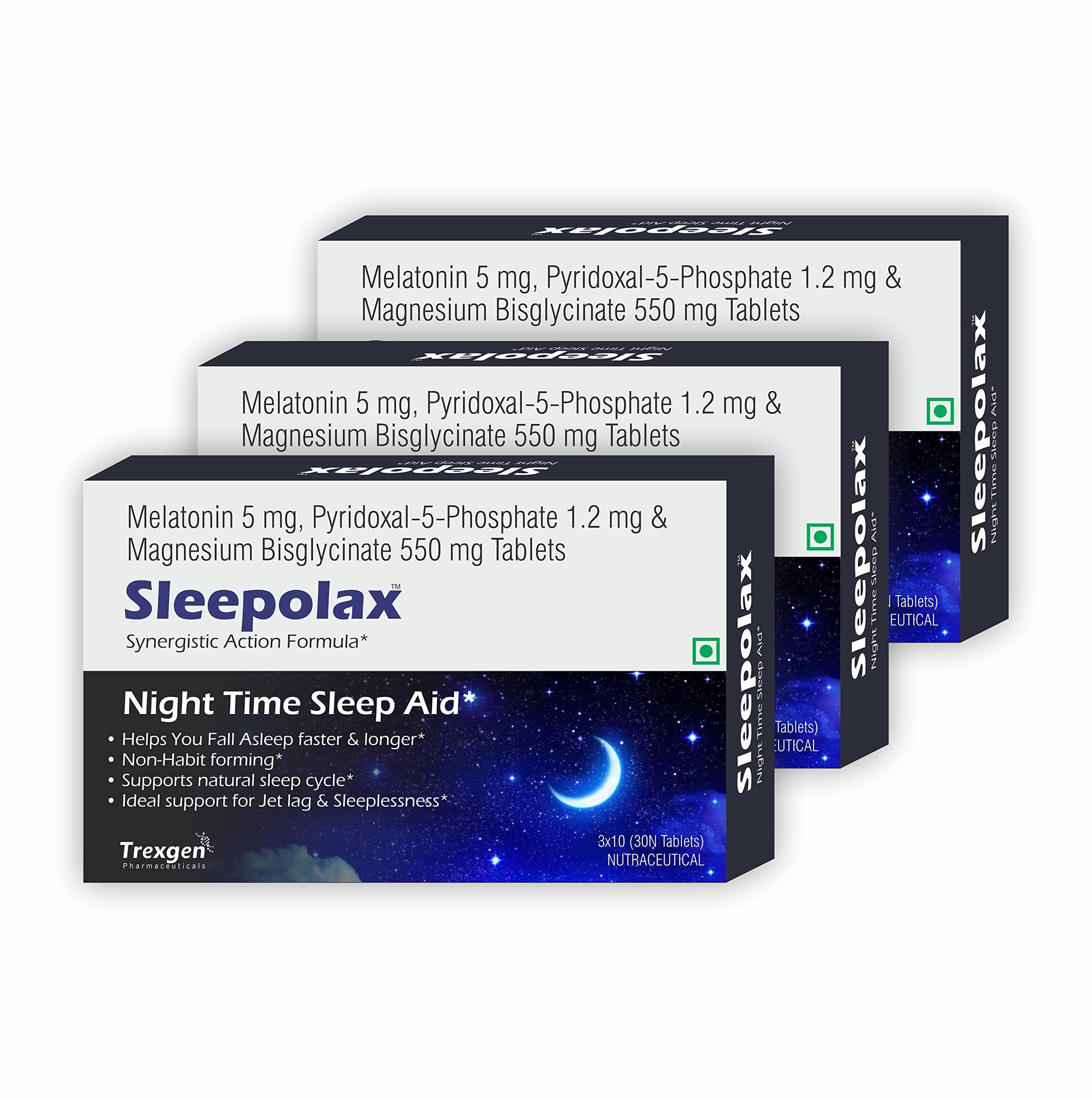 Trexgen® SLEEPOLAX Advanced Quck Action Sleep Support Triple Action formula Melatonin 5 mg, B6, P5P & Magnesium bisglycinate Tablets (30 X 3 Box= 90 Tablets)