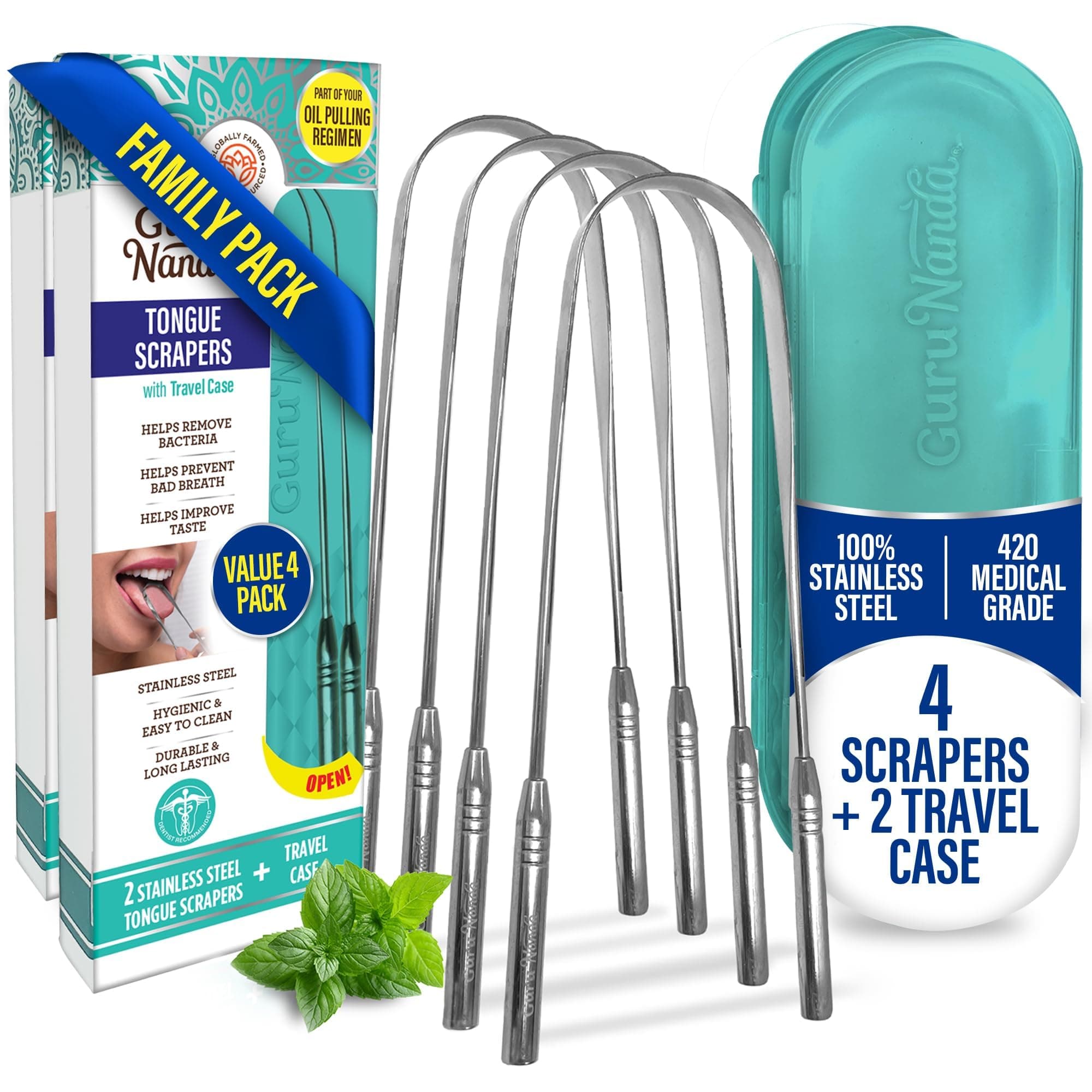 GuruNanda 4 Pack - U Shaped Turquoise Tongue Cleaner