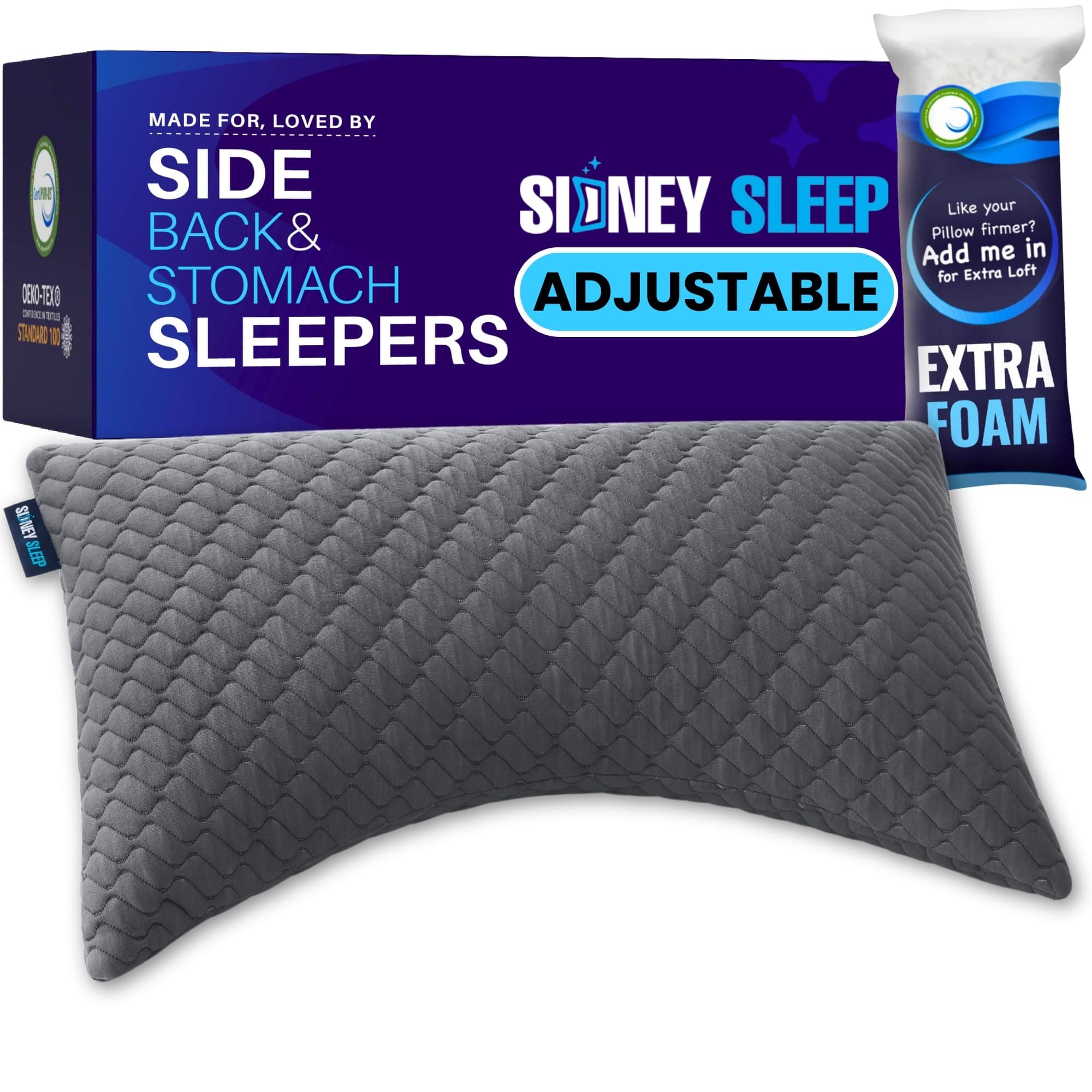 Sidney Sleep Side and Back Sleeper Pillow for Neck and Shoulder Pain Relief - Memory Foam Bed Pillow for Sleeping - 100% Adjustable Fill - Queen Size Washable Case - Extra Fill Included (Queen, Grey)