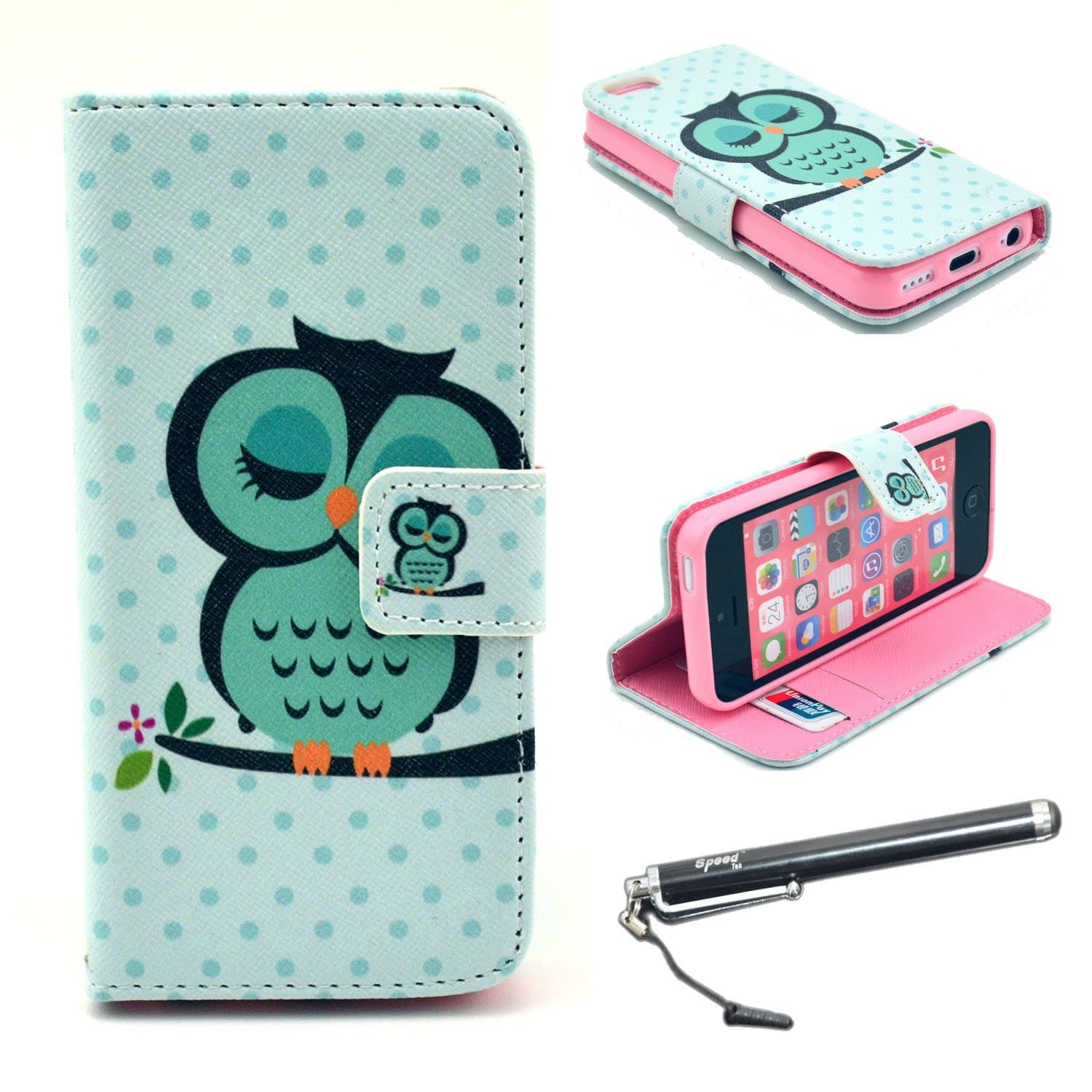 iPhone 5C Case, Speedtek OWL Pattern Premium PU Leather Wallet Flip Protective Skin Case with Magnetic Closure for Apple iPhone 5C (2013) (Built-in Credit Card/ID Card Slot)