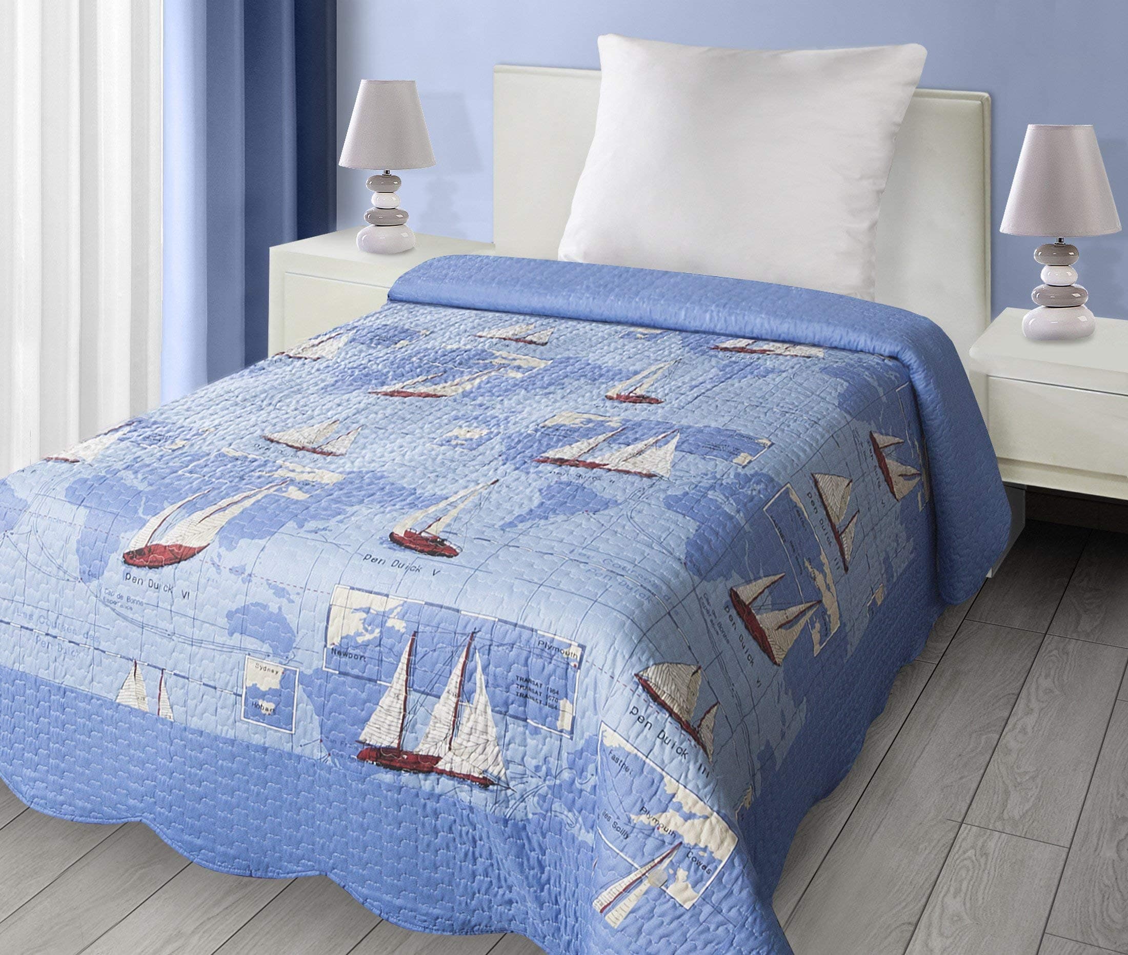 Eurofirany Modern Patchwork Bedspread Sailboat Theme Doublesided Quilt Light Throw, Polyester, Blue, Single