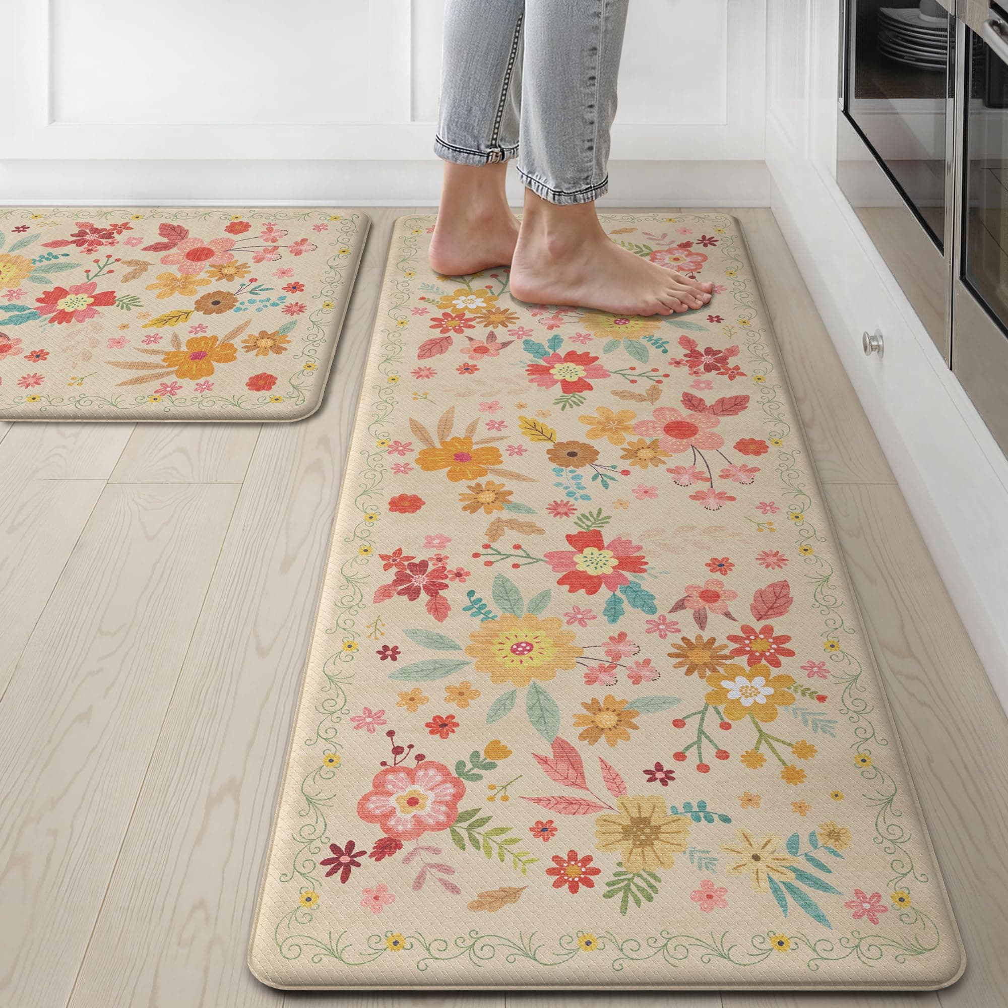 GENIMO Kitchen Mats for Floor 2PCS, Cushioned Kitchen Rugs Non Slip Washable, Farmhouse Anti Fatigue Mat Waterproof, Comfort Standing Mat Rug for Office, Home, Laundry, 17.3"x47"+17.3"x30", Beige