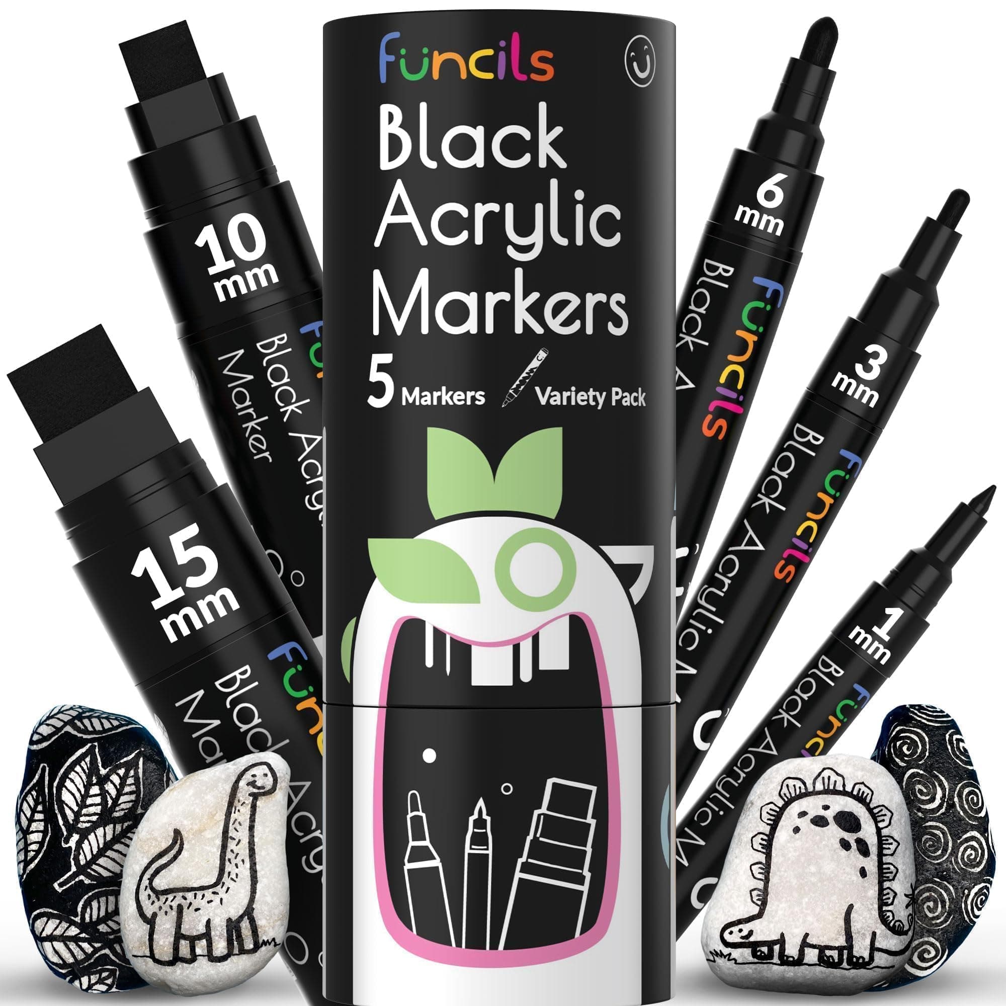 5 Acrylic Black Paint Pen - Fine Tip, Thin Point & Jumbo Pens (1mm, 3mm, 6mm, 10mm, 15mm) - Black Paint Marker for Plastic, Canvas, Wood, Rock Painting, Fabric, Tire, Metal, Glass