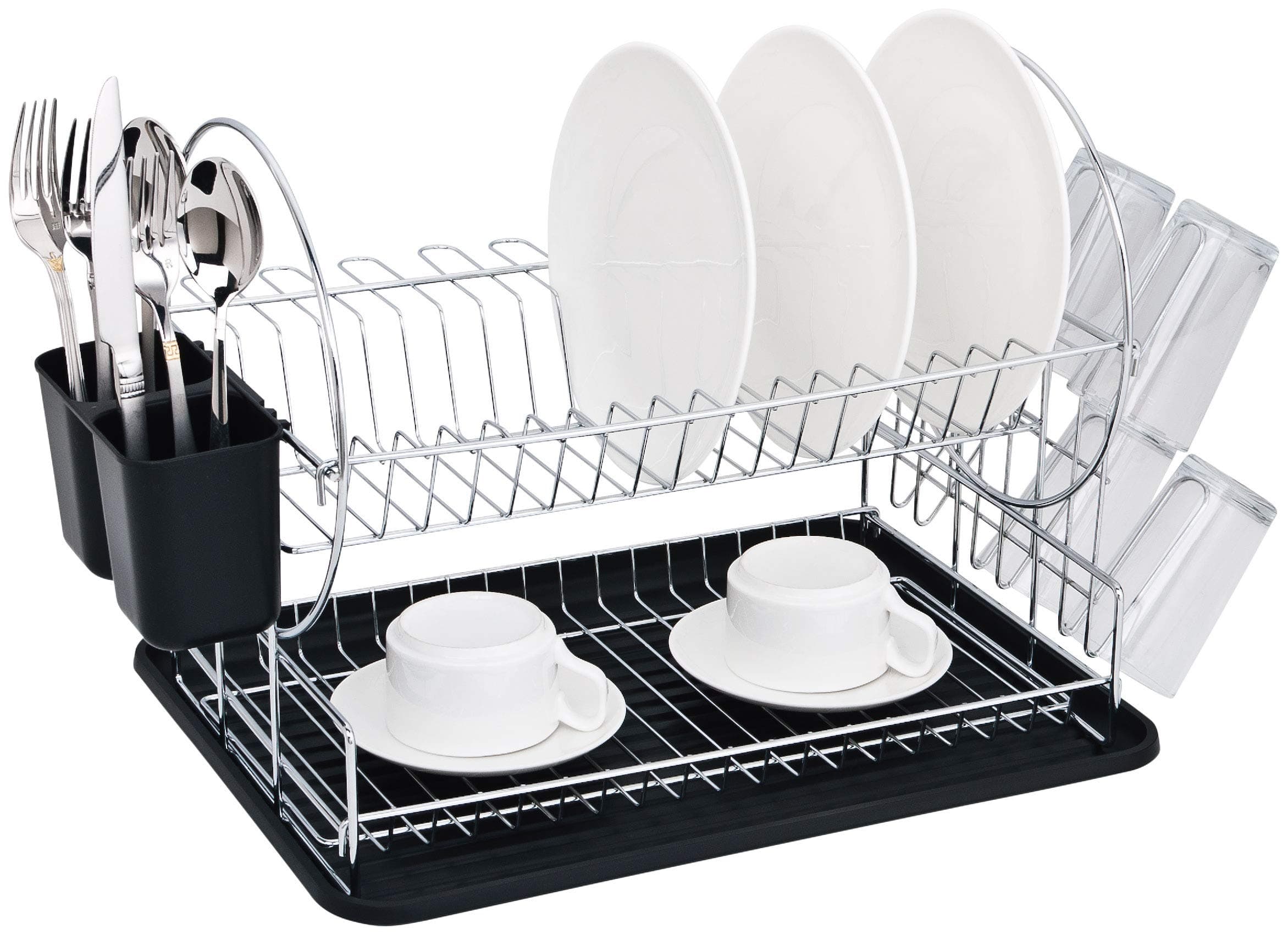 Deluxe 2-Tier Kitchen Counter Top Dish Drying Rack and Set With Cup and Cutlery Holder (Black)