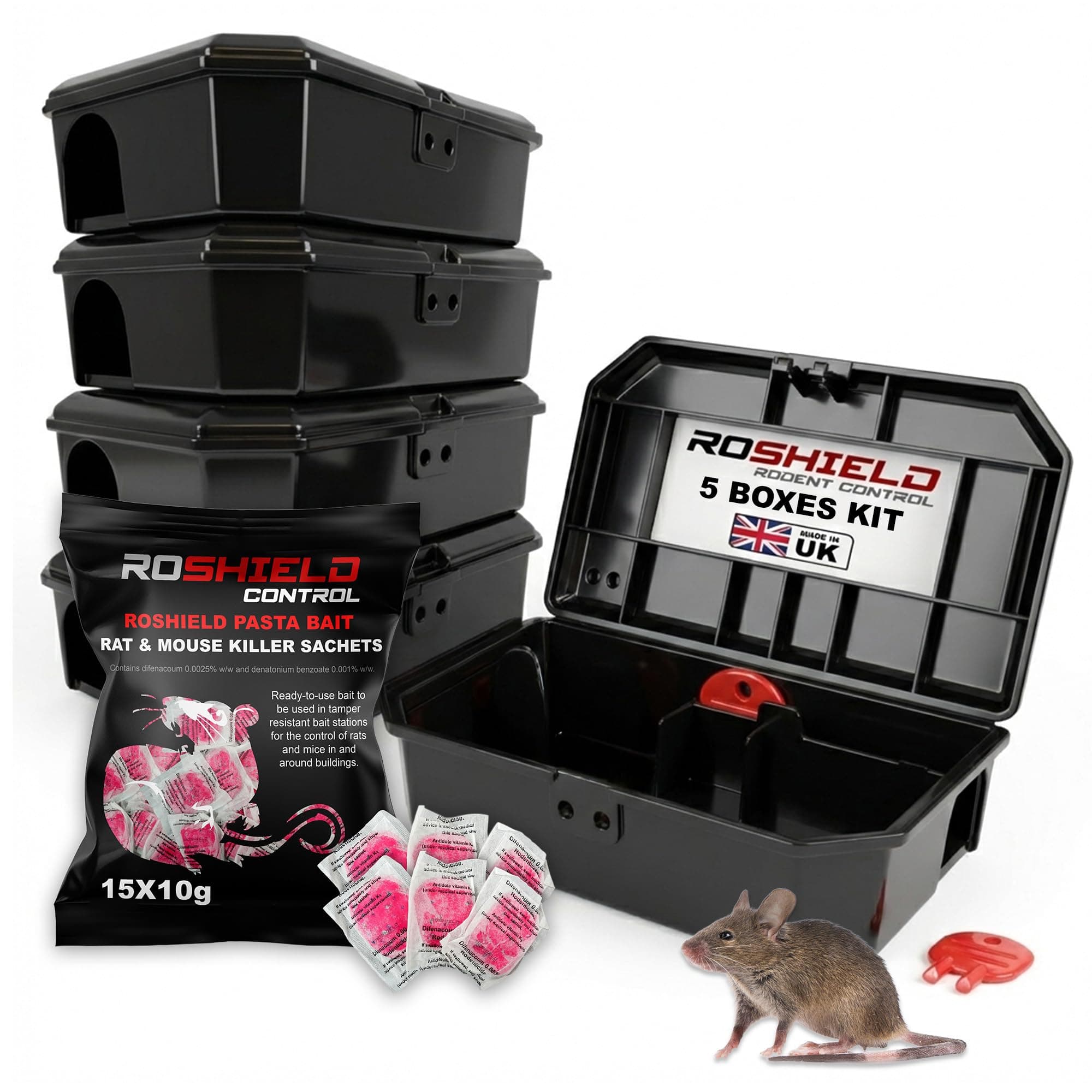 Black Tamper-Proof Mouse Bait Boxes & 15 Pasta Sachet Mice Killer Kit | Safe Control Around Children & Pets (150g Pack)