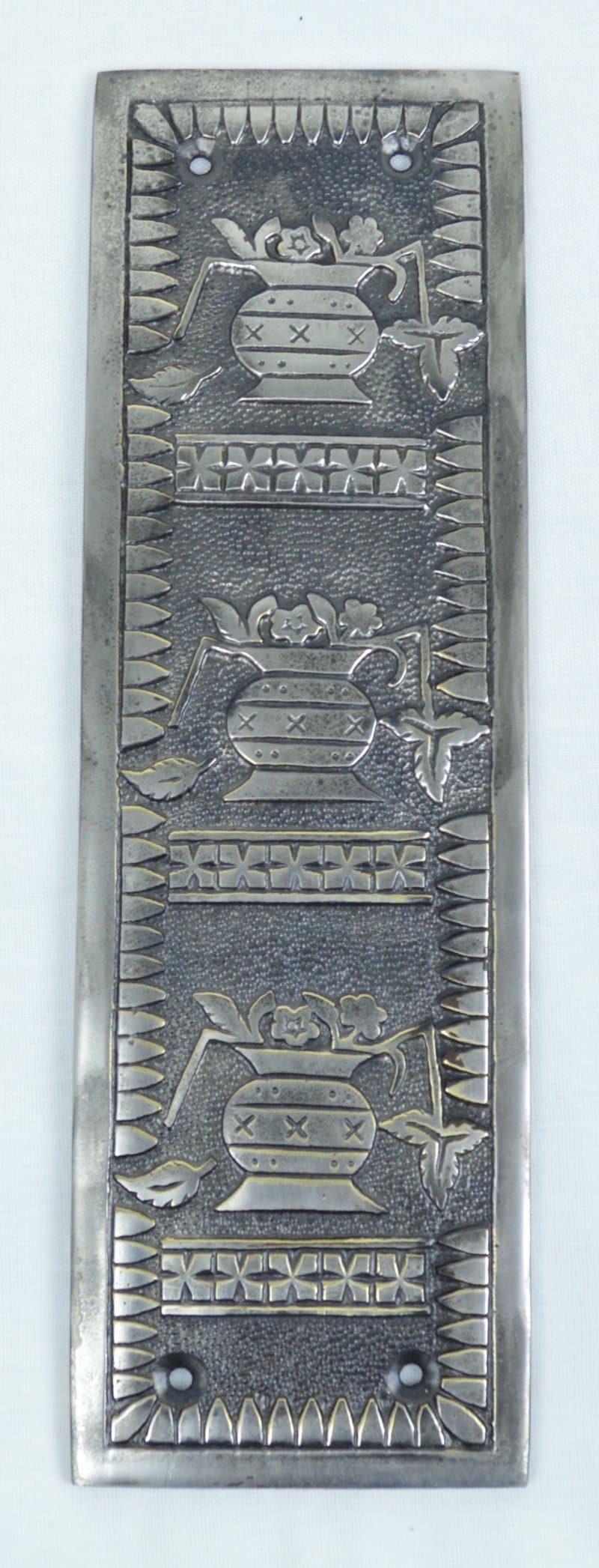 Cast Brass Antique Style Push Plate Hand Plate Broken Leaf Flower in Vase Antique Nickel Finish