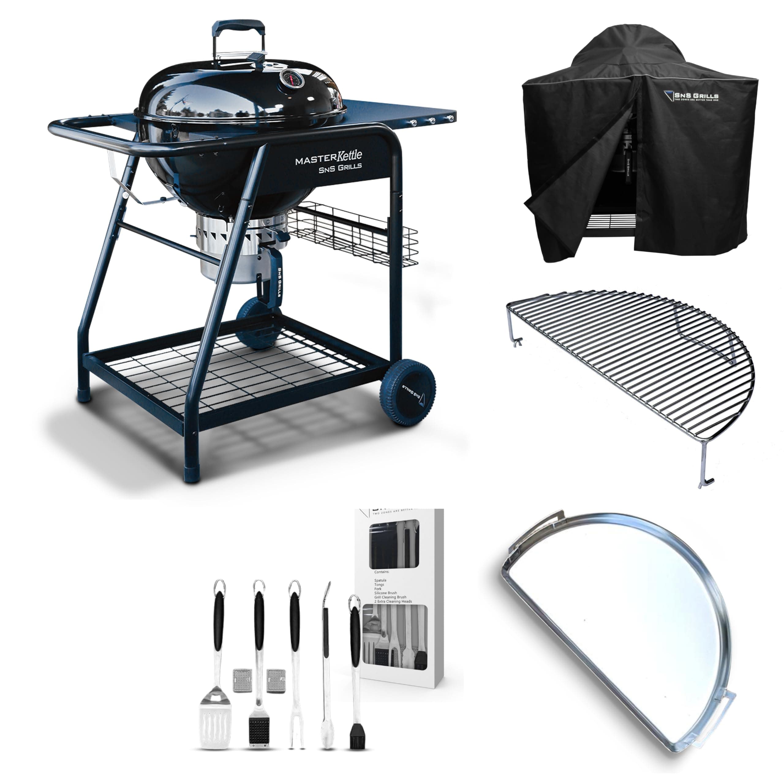 SnS Grills Platinum Bundle - Includes Master Kettle 22" Grill, Master Kettle Grill Cover, Elevated Cooking Grate, Drip 'n Griddle Stainless Steel Pan and Deluxe BBQ Tool Set - Charc
