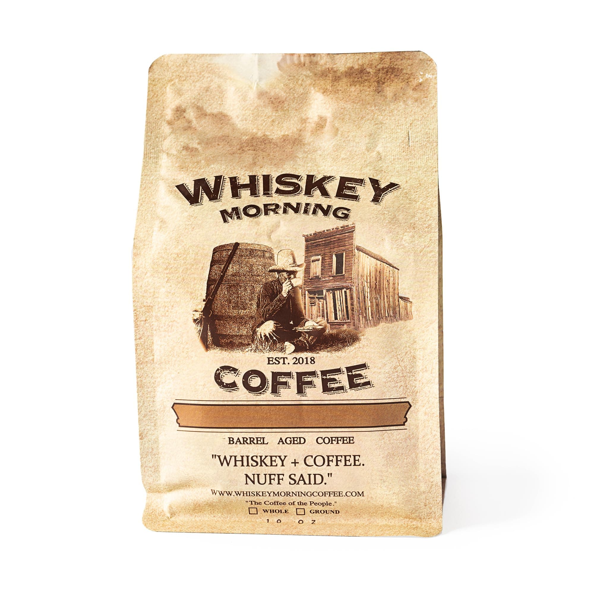 Whiskey Morning Coffee Bourbon Barrel Aged Ground Coffee, Fire Roasted Ground Coffee, 100% Specialty Grade Arabica, Non Alcoholic Natural Whiskey Infused Coffee, Small Batch Texas Roasted, 10 oz Bag