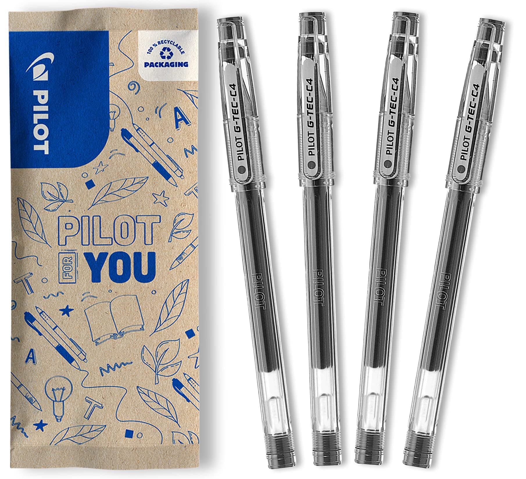 Pilot FLW537786 Gtec C4 Gel Roller Ball Tip - Black (Pack of 4)