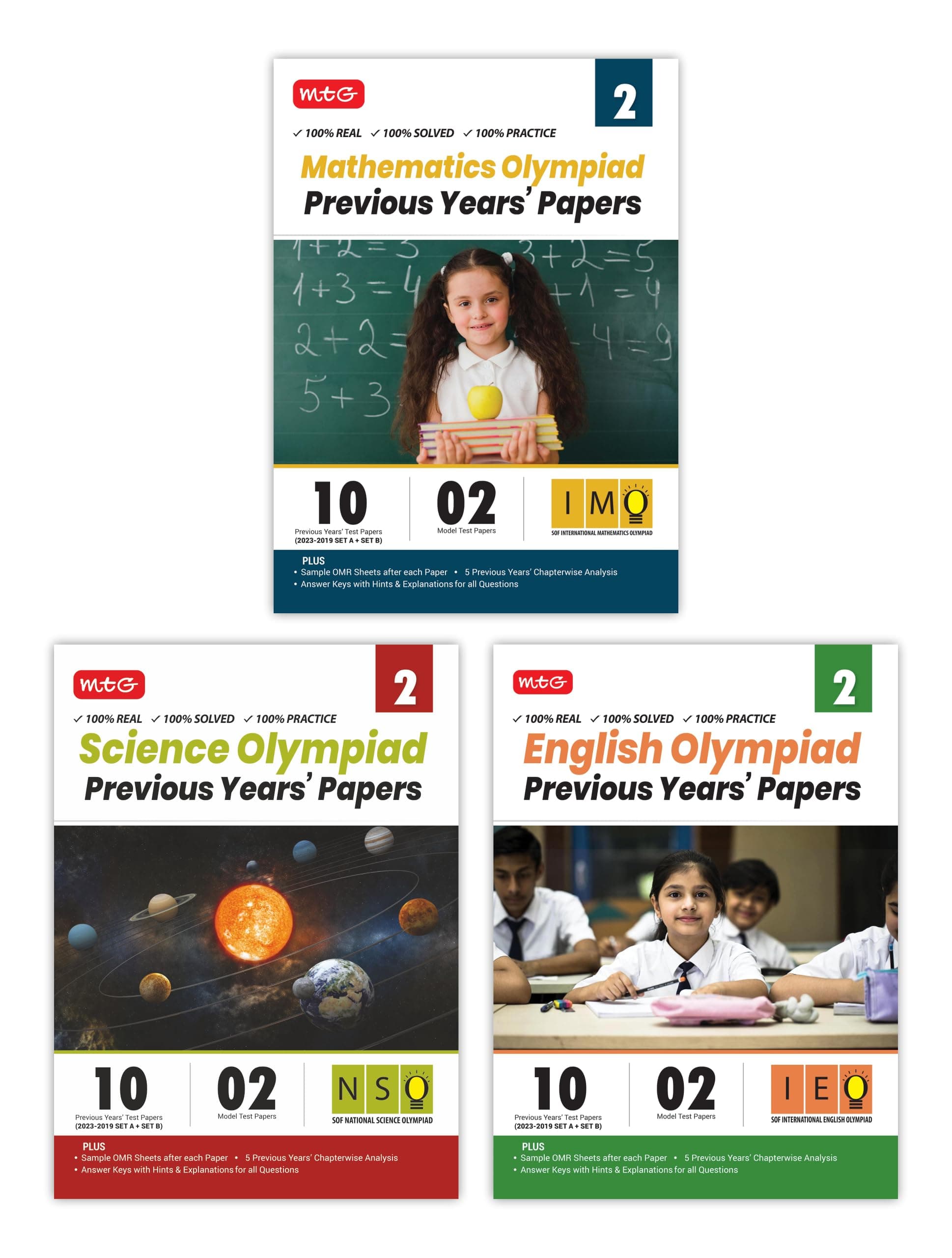 MTG IMO-NSO-IEO Class-2 Olympiad Previous Years Papers (2023-2019 Set A & B) Mathematics, Science & English (Set of 3 Books) | Mock Test Papers with Sample OMR Sheet For 2024-25 Exam