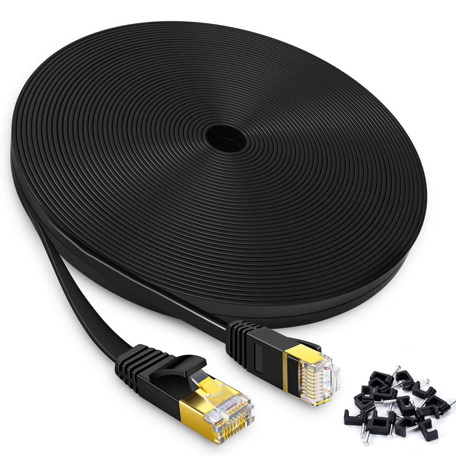 Aoforz Cat 6 Ethernet Cable 50 ft,High Speed Flat Black Cat 6 Internet Network Patch Cord,Long Ethernet Cable with Gold Snagless Rj45 Connectors and Cable Clips-(50 Feet)