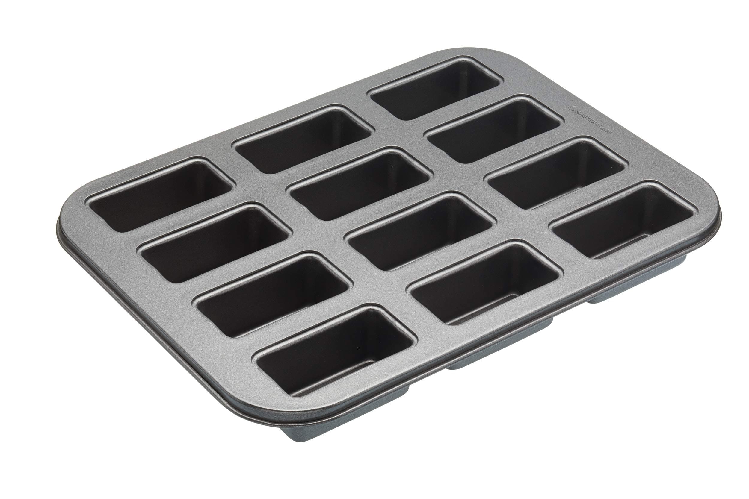 MasterClass Mini Loaf Tin with Loose Bases and PTFE, PFOA and BPA Free Non Stick, 12 Holes Robust 1 mm Carbon Steel, 27 x 35.5cm (10.5 x 14''), Grey