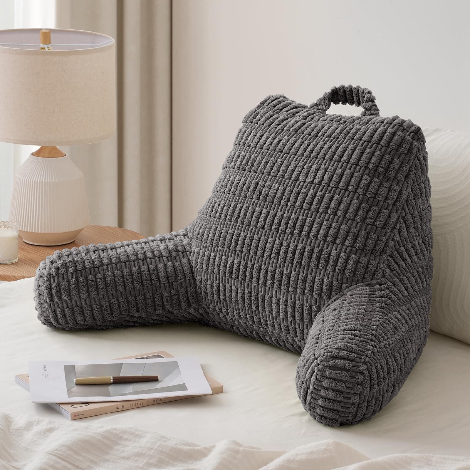 Blissful Diary Reading Pillow, Backrest Pillow with Shredded Memory Foam for Adult & Children, Designed for Bed and Couch Sitting Up, Includes Arms, Pockets and Washable Cover, Dark Gray