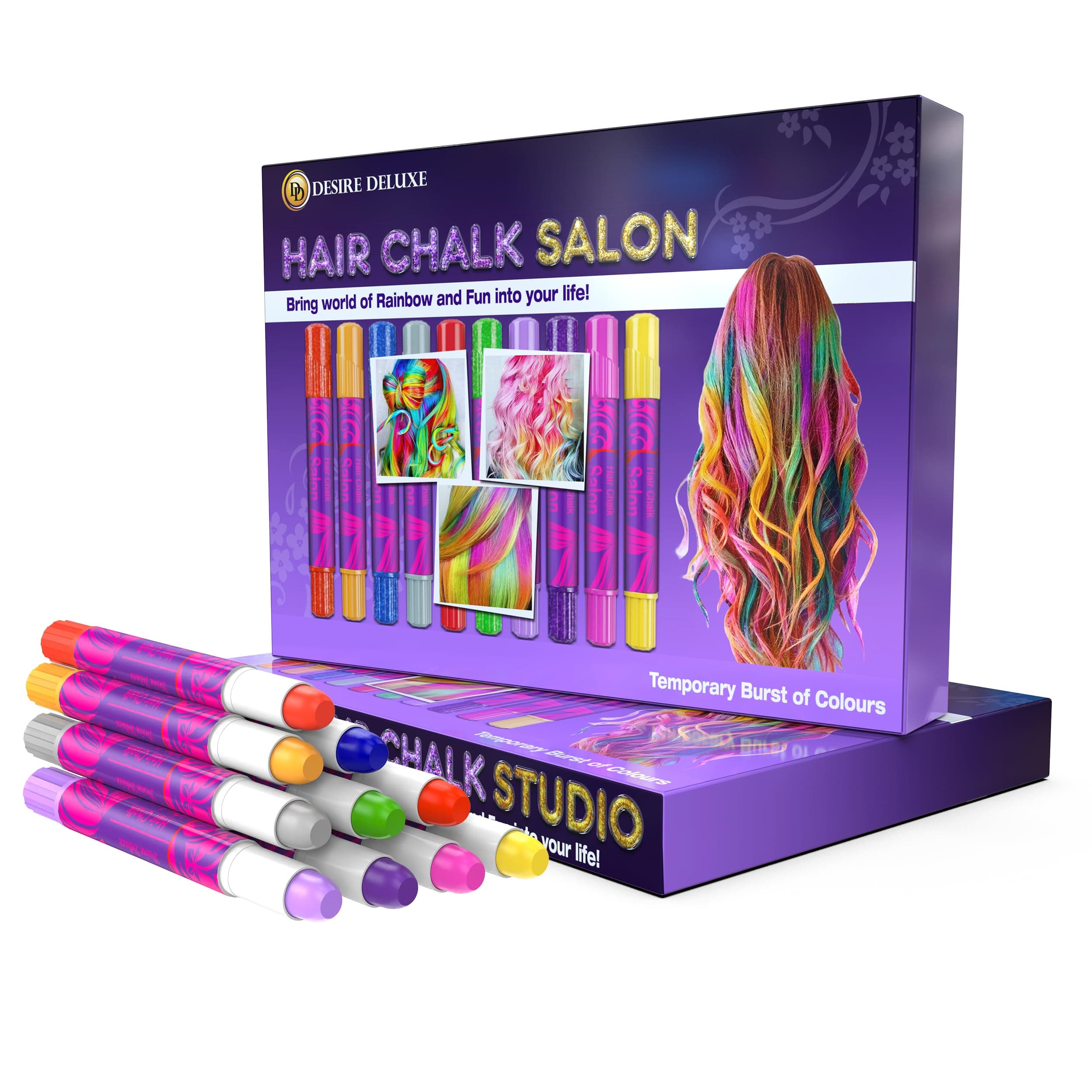 Desire Deluxe Hair Chalk Gift for Girls - 10 Temporary Non-Toxic Easy Washable Hair Dye Colourful, Metallic, Glitter Pens - Great Games Birthday Girls