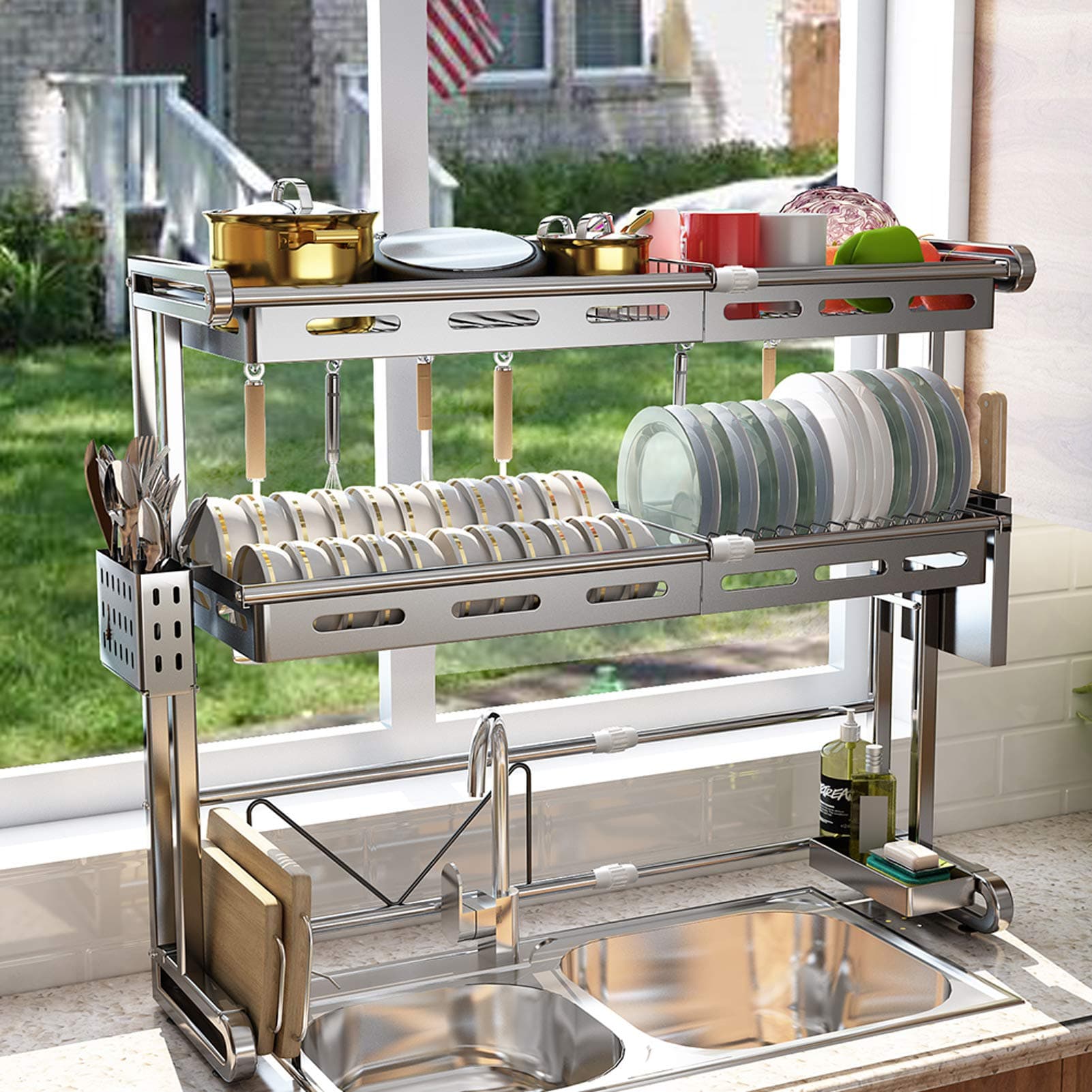 Over The Sink Dish Drying Rack, SAYZH Width and Height Adjustable 2 Tier Dish Racks Kitchen Countertop Supplies Storage…