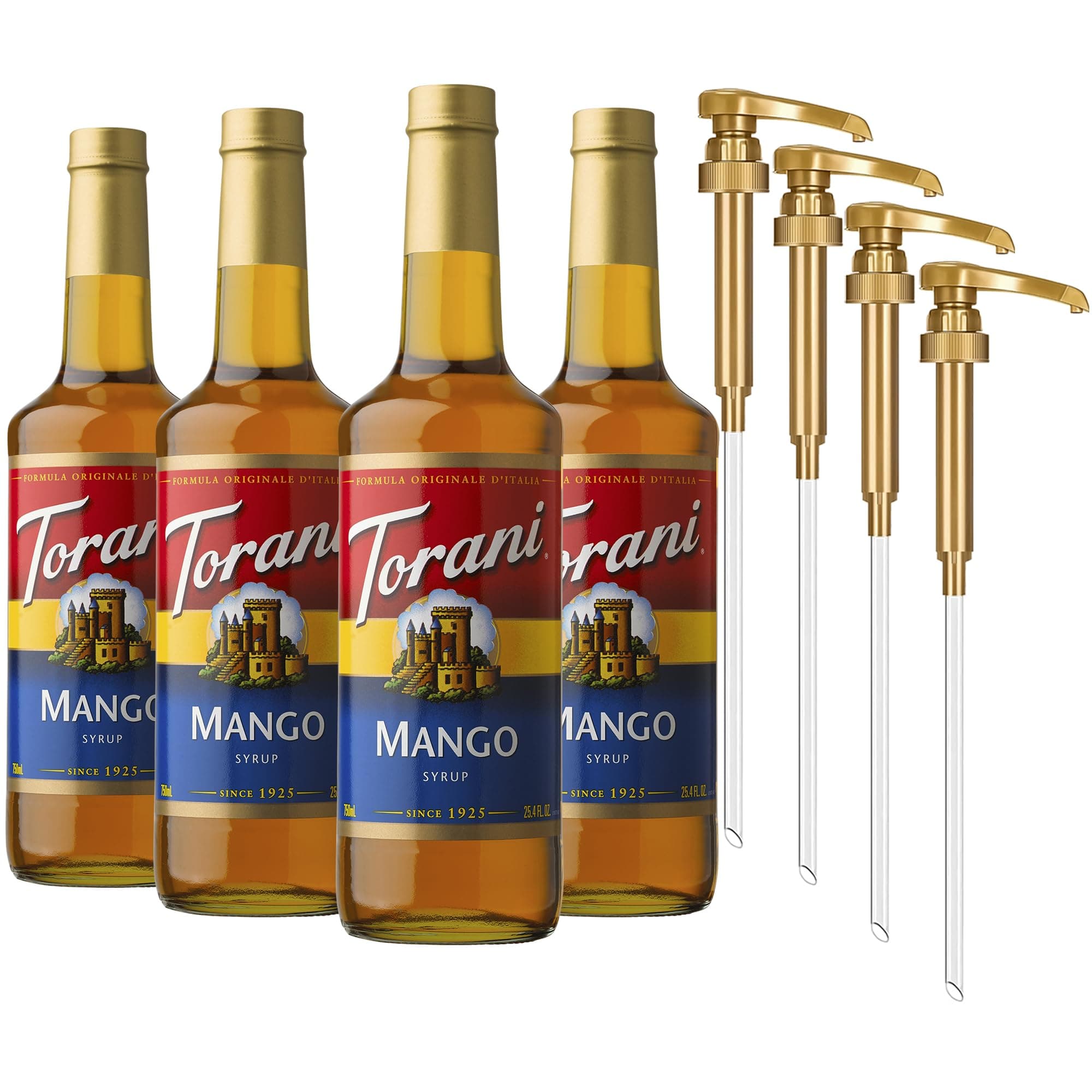 Torani Mango Syrup for Drinks, Flavoring for Iced Tea, Lemonade, and Sodas, Glass Bottle 4-Pack with Pumps Included, 25.4 Fl Oz