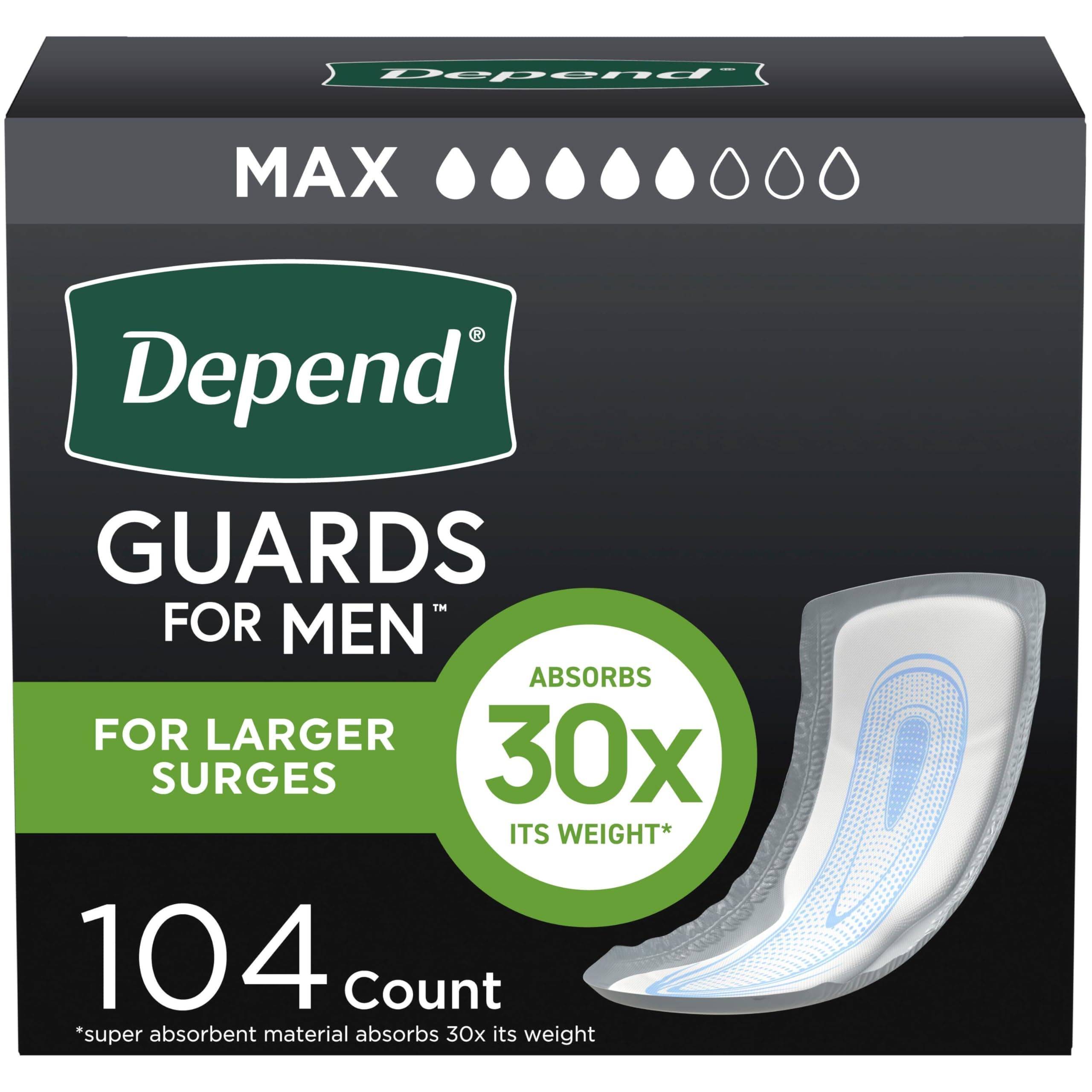 Guards Incontinence Pads for Men, Maximum Absorbency, 104 Count (2 Packs of 52), Packaging May Vary