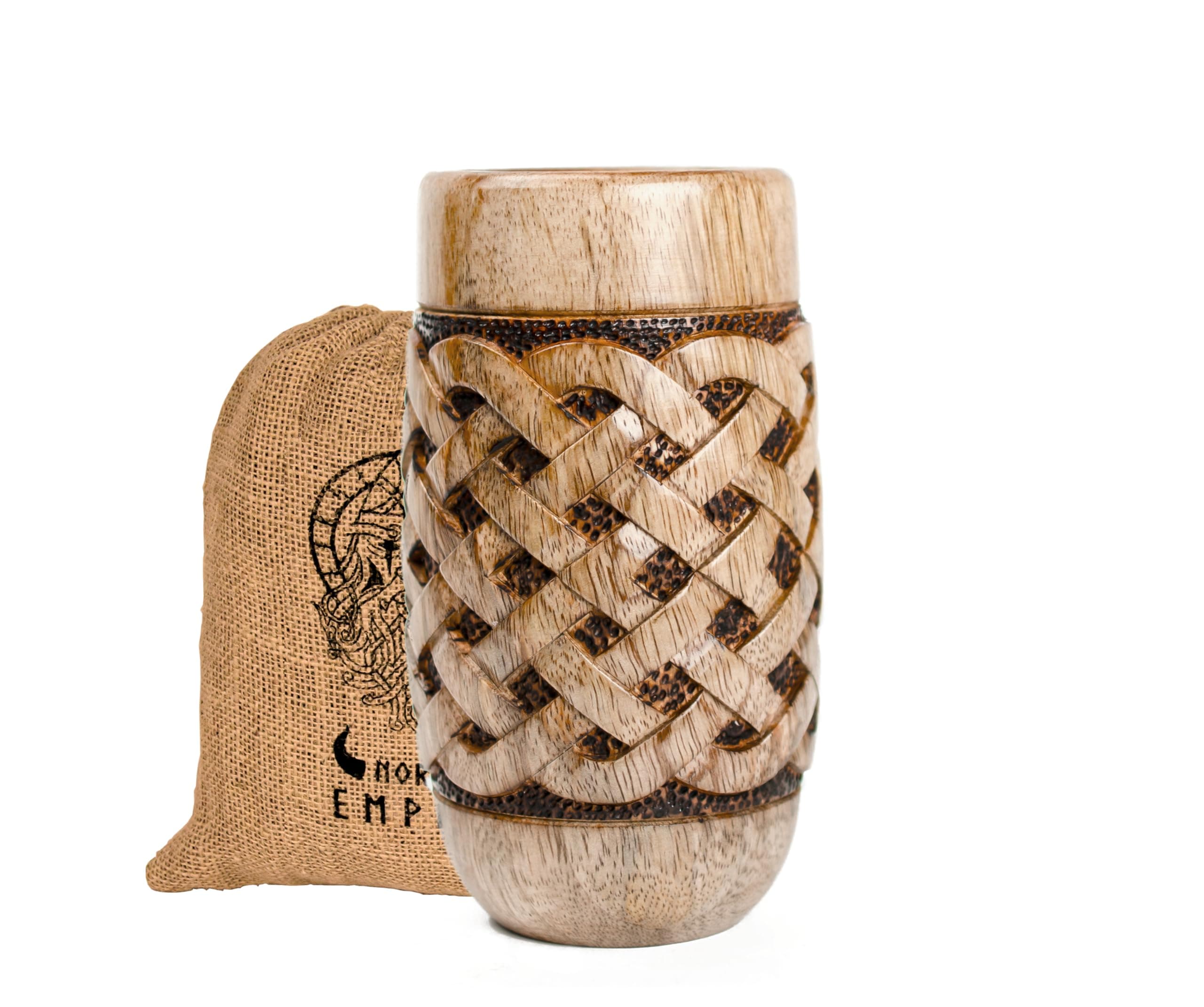 12 oz Wooden Celtic Pattern Cup with Hand Pyrography Woodburning - Viking-Style Drinking Vessel | Viking wood style Beer mug | Wooden Gift Antique Men's Barrel Capacity