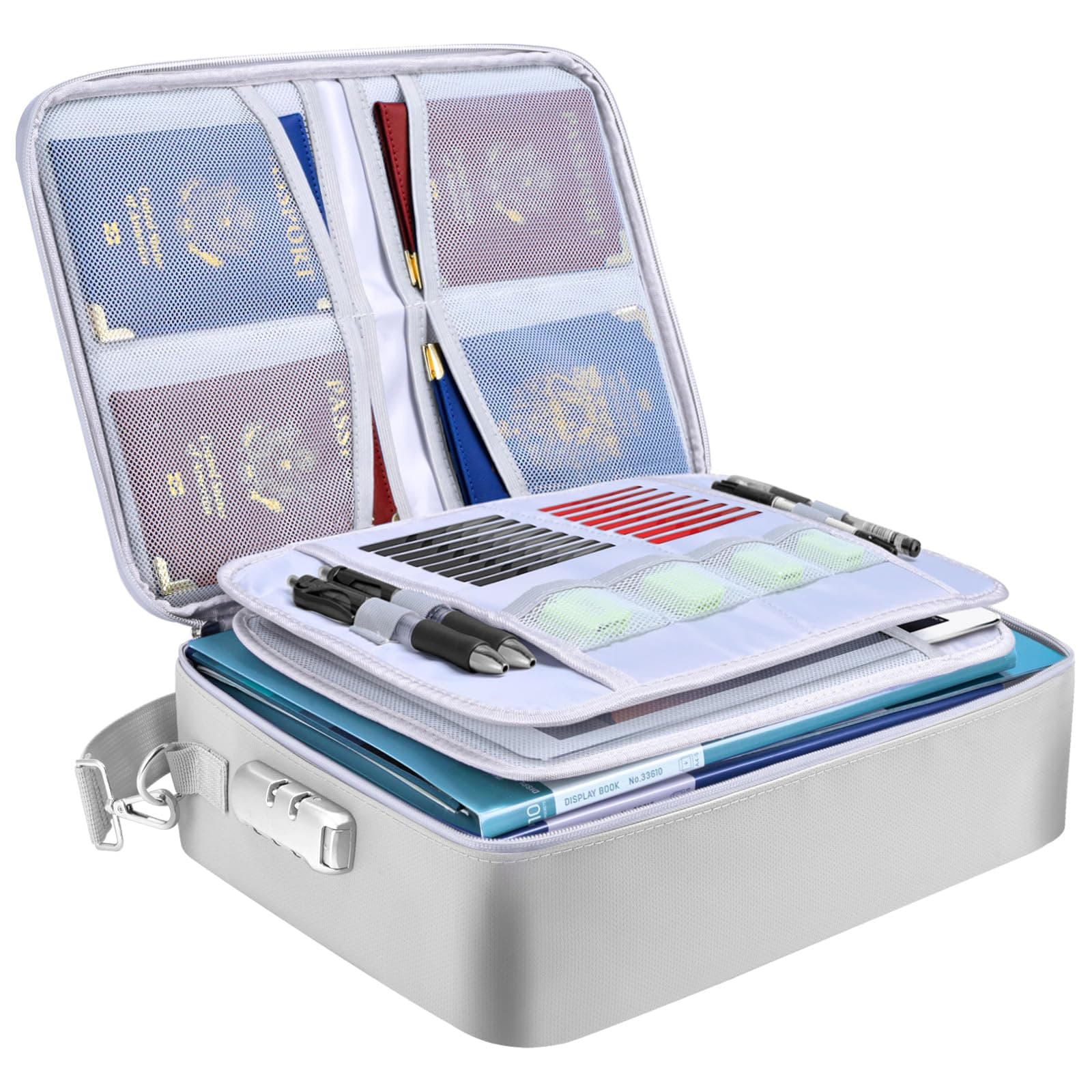 Fireproof Document Box with Lock, Portable Fireproof Document Bag Waterproof Fire Proof File Boxes for Documents, File Organizer Box for Important Paperwork (Silver, 15''x11''x4'')