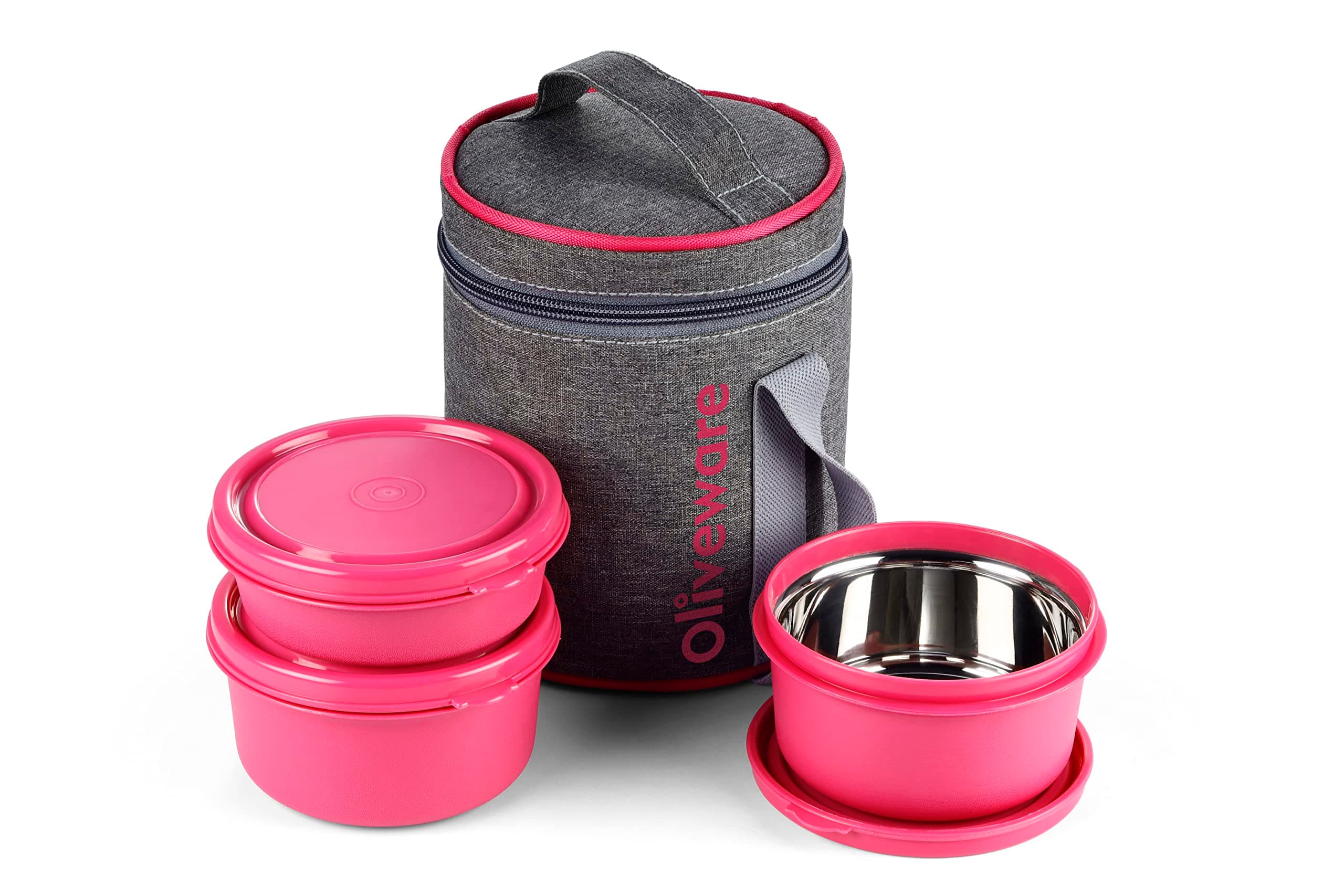 Oliveware Monarch Lunch Box, Microwave Safe & Leak Proof, 3 Inside Steel Containers with BPA Free Airtight Lids (290ml, 450ml & 450ml), Fabric Bag - Pink