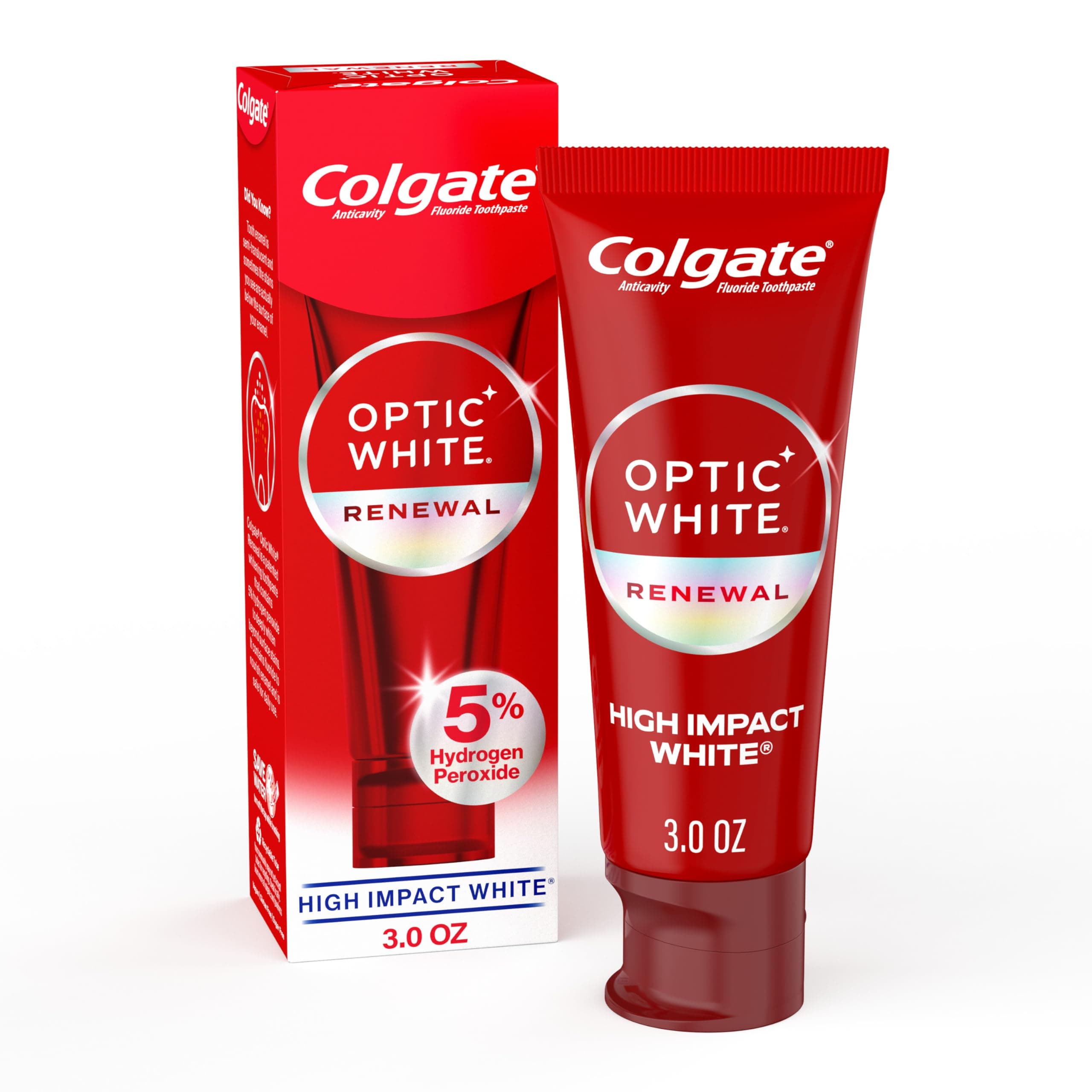 Optic White Renewal Teeth Whitening Toothpaste, Whitening Fluoride Toothpaste, Effectively Removes Tea, Coffee, and Wine Stains, Made with Hydrogen Peroxide, High Impact White, 3.0 oz