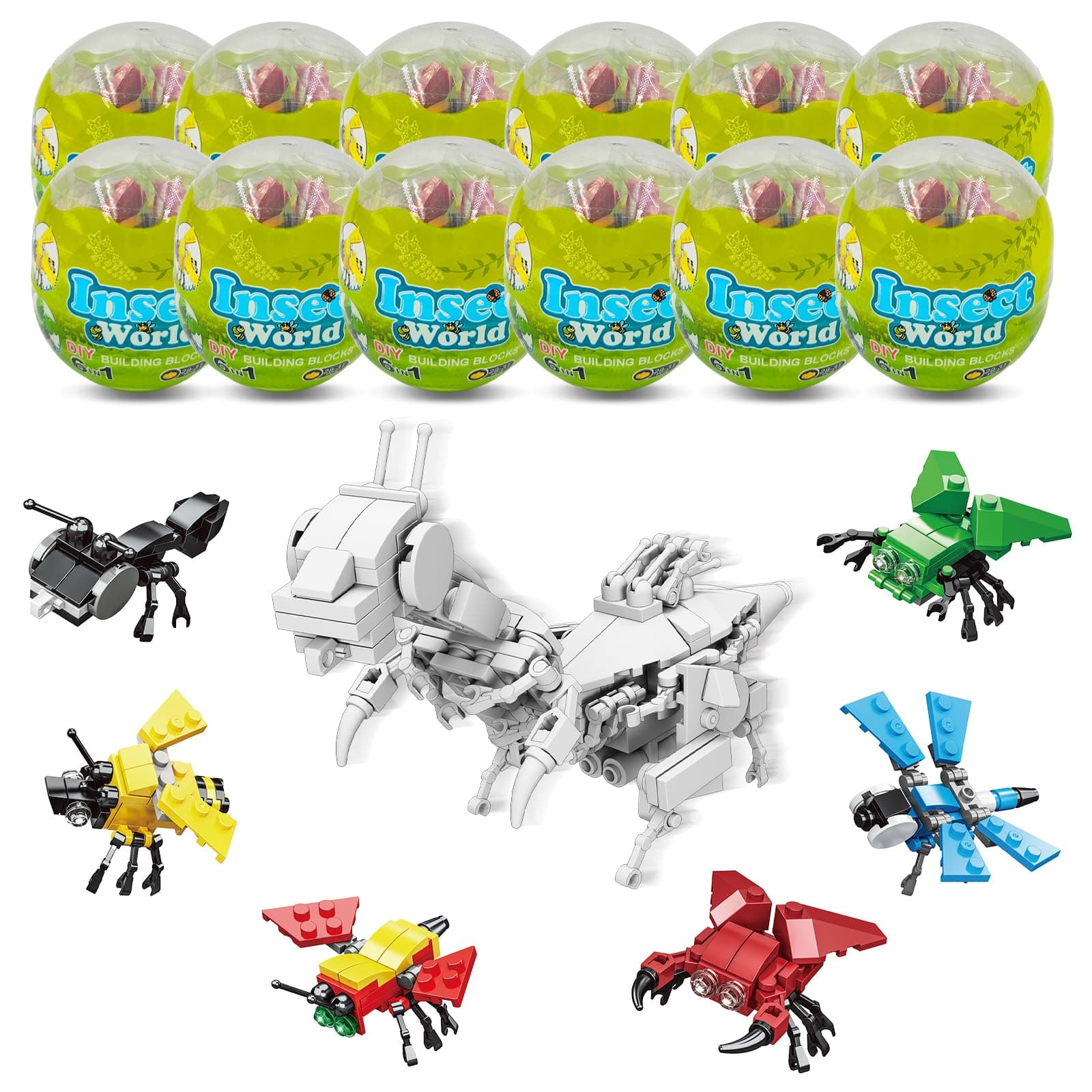 Mini Building Block Sets, 12PCS Insects Building Blocks, 6 in 1 STEM Toys Eggs Building Sets, Party Favors for Kids Goodie Bags Prizes/Birthday Gifts