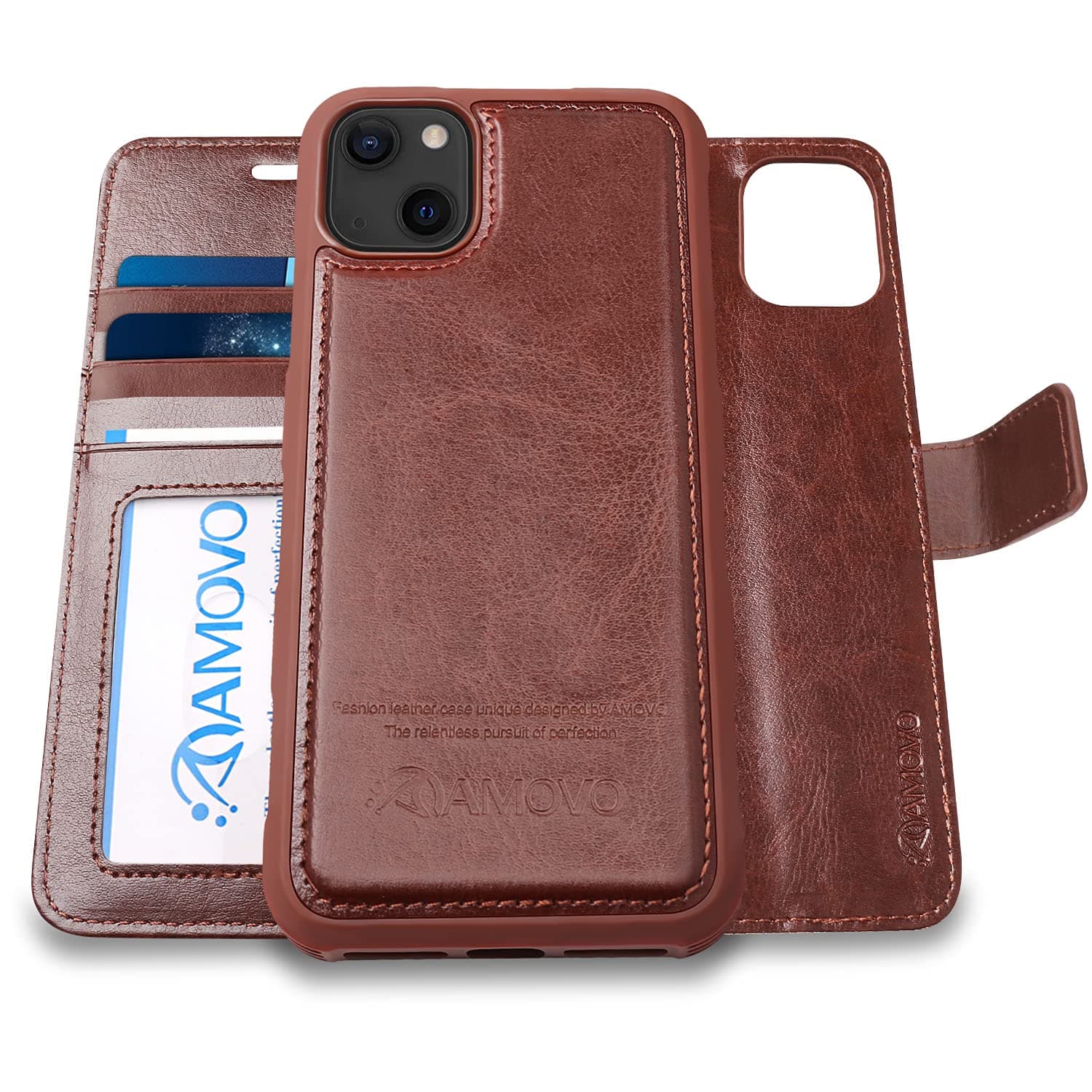 AMOVO Compatible with iPhone 13 Mini Case Wallet Leather Flip Case [Wireless Charging] Magnetic Detachable Wallet Case [Card Slots][Wrist Strap] Heavy Duty Protective Case (for iPhone 13 Mini, Brown)