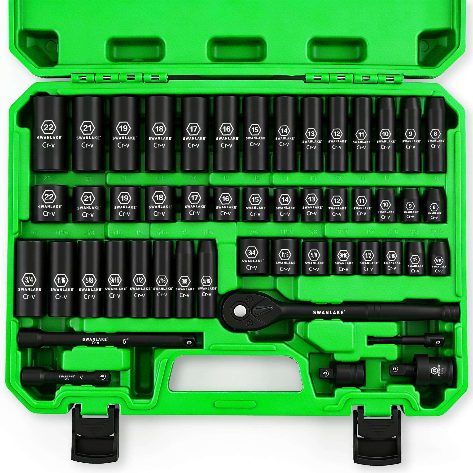 SWANLAKE 3/8'' Drive Impact Socket Set, 50-Piece Standard SAE (5/16 to 3/4 inch) and Metric (8-22mm) Size, 6 Point, Cr-V, 3/8-Inch Ratchet Handle, Extension Bar, Universal Joint