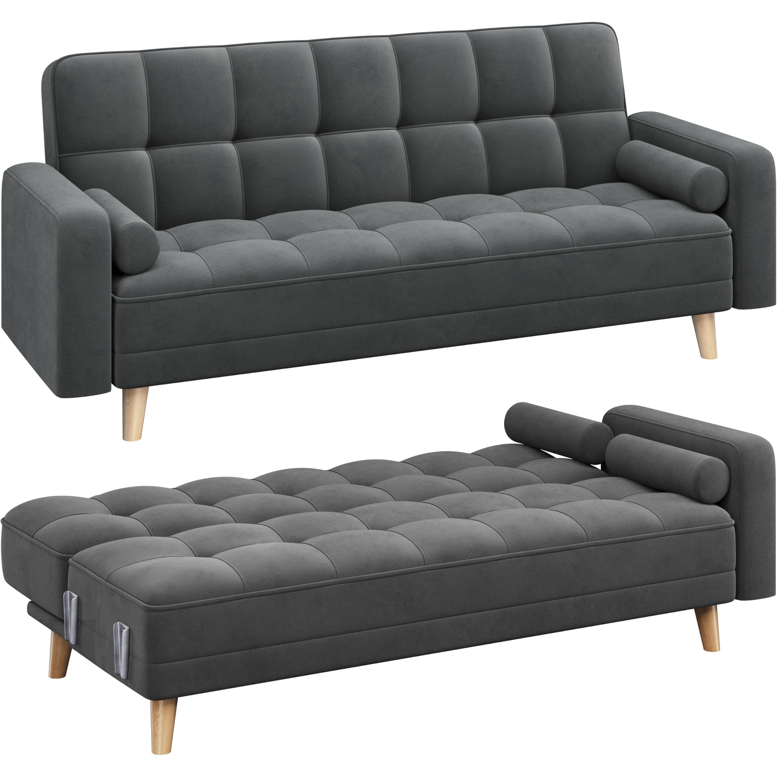 Yaheetech Modern Velvet Sofa Bed 3 Seater Click Clack Sofa Settee Recliner Couch with Wooden Legs for Living Room/Guest Room/Office, Modern Gray