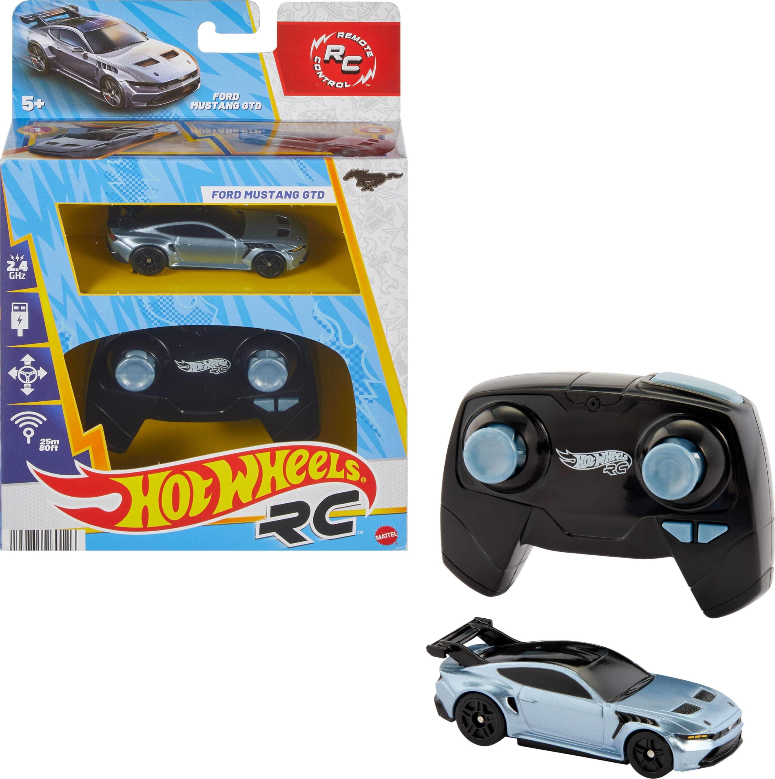 RC Toy Car, Full-Function Remote-Control 1:64 Scale Ford Mustang, Booster Button to Race & Stunt Onor Off-Track, Recharge with USB Cable