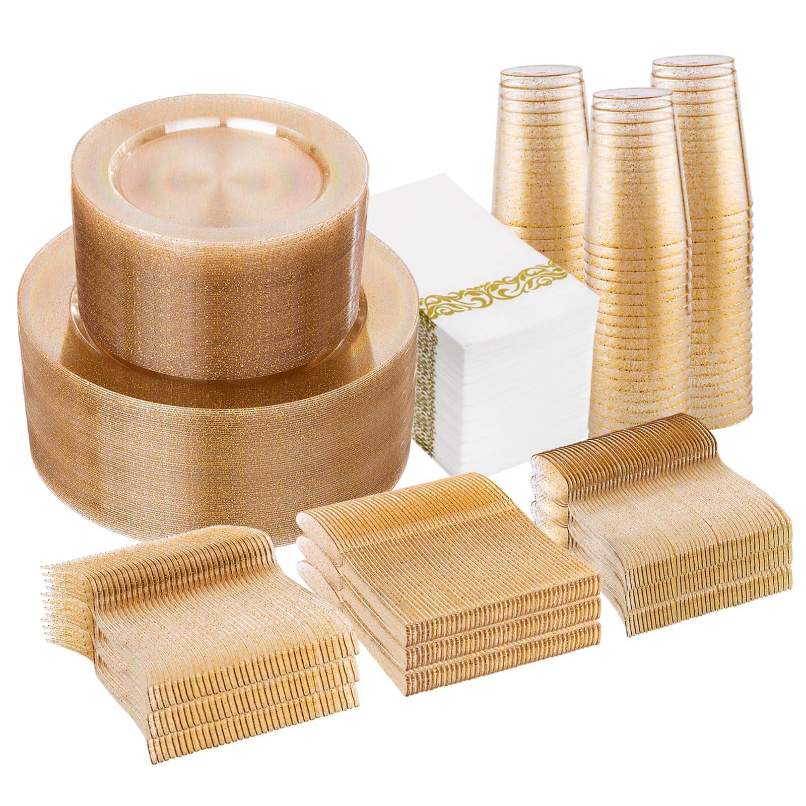 I00000 700 Pcs Gold Glitter Plastic Dinnerware Sets, Disposable Plates for Party, Include: 100 Dinner Plate,100 Dessert Plate,100 Paper Napkins, 100 Cups,100 Plastic Silverware Set