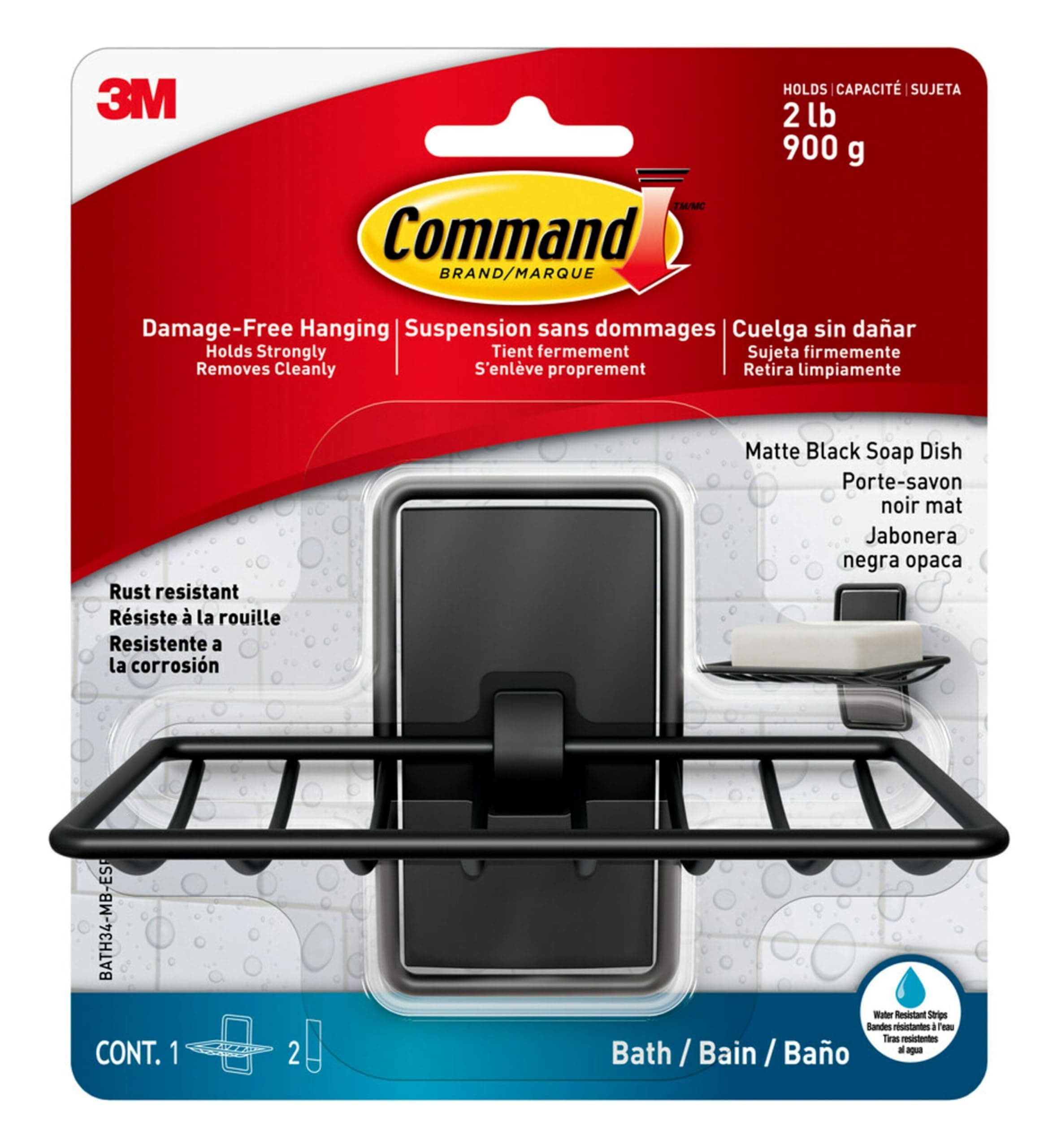 Command Soap Dish for Shower, Damage Free Hanging Bathroom Soap Dish, No Tools Bar Soap Holder for Holiday Guests, 1 Matte Black Soap Dish and 2 Water-Resistant Strips