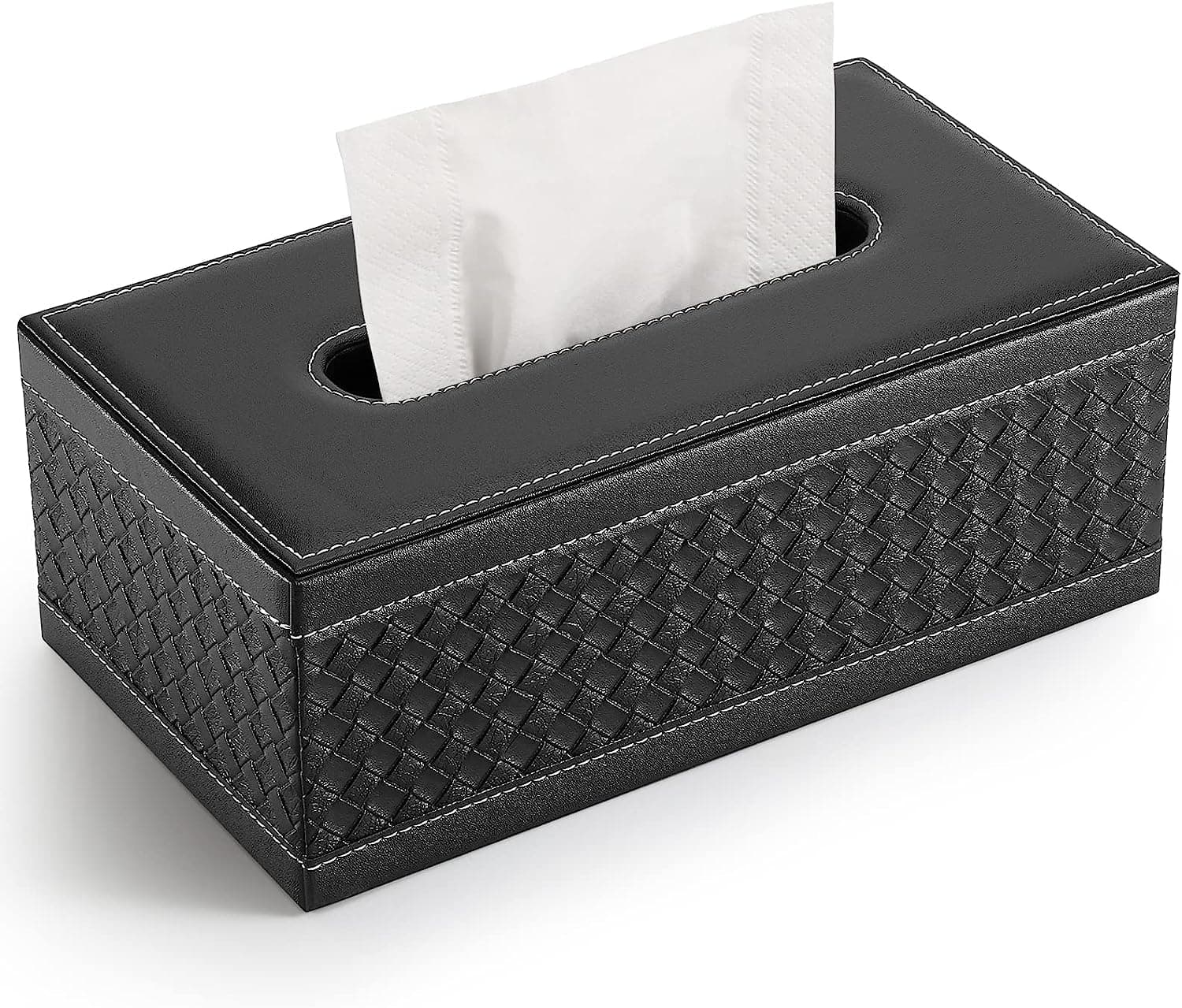 YFXOHAR PU Leather Tissue Box Holder | Rectangular Facial Napkin Tissue Holder |Tissue Paper Box Holder for Home Office Car (Black Woven Pattern)