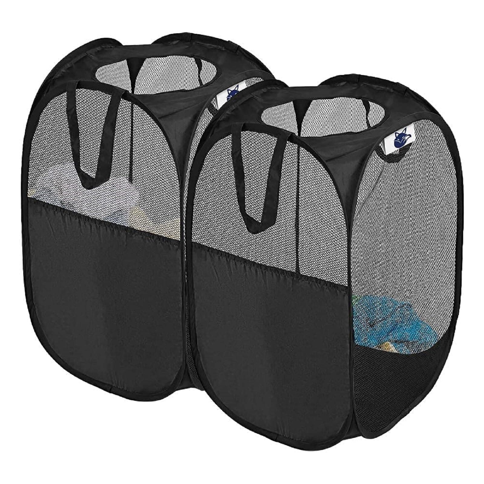 2 Pack Mesh Collapsible Laundry Baskets, Pop up Laundry Hamper Bins,Folding Washing Basket with Handles for Clothes Tidy Storage-Black