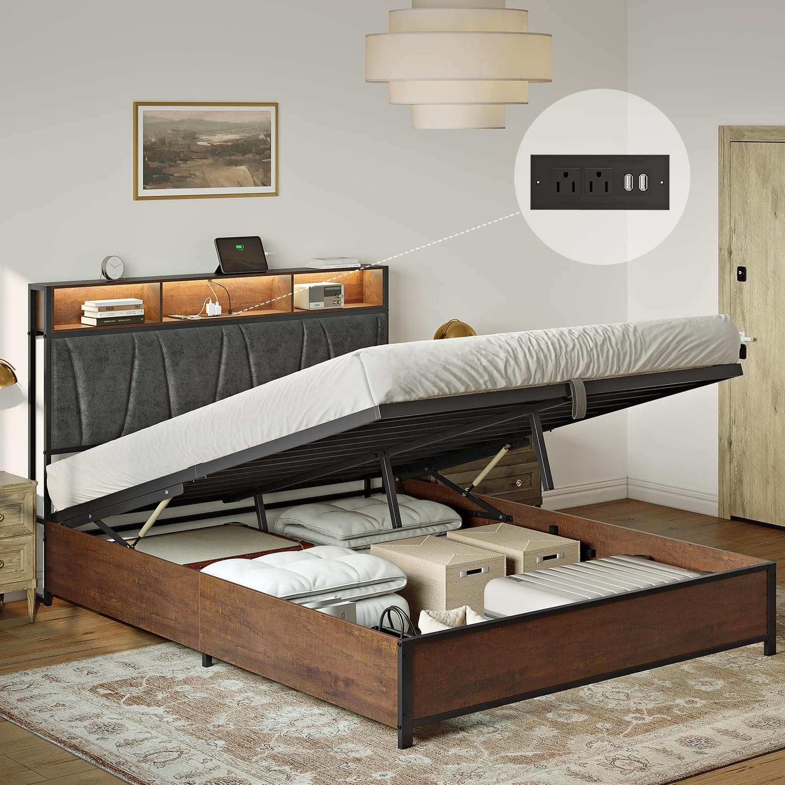 Queen Lift Up Storage Bed Frame with 2-Tier Storage Headboard Charging Station LED Lights Non-Slip Without Noise No Box Spring Needed