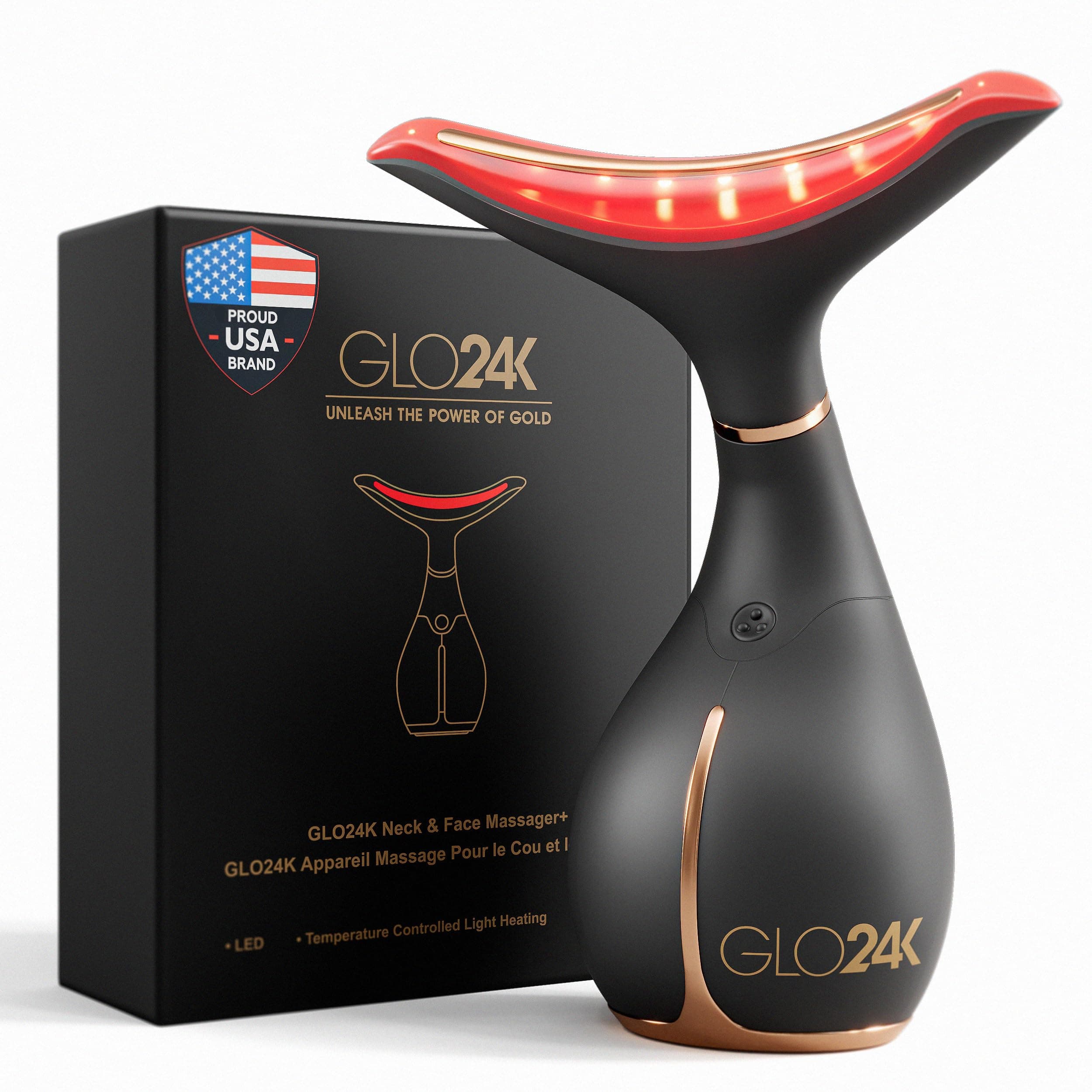 GLO24K UNLEASH THE POWER OF GOLD Red Light Beauty Device for Face and Neck. Based on Triple Action L E D, Thermal, and Vibration Technologies.