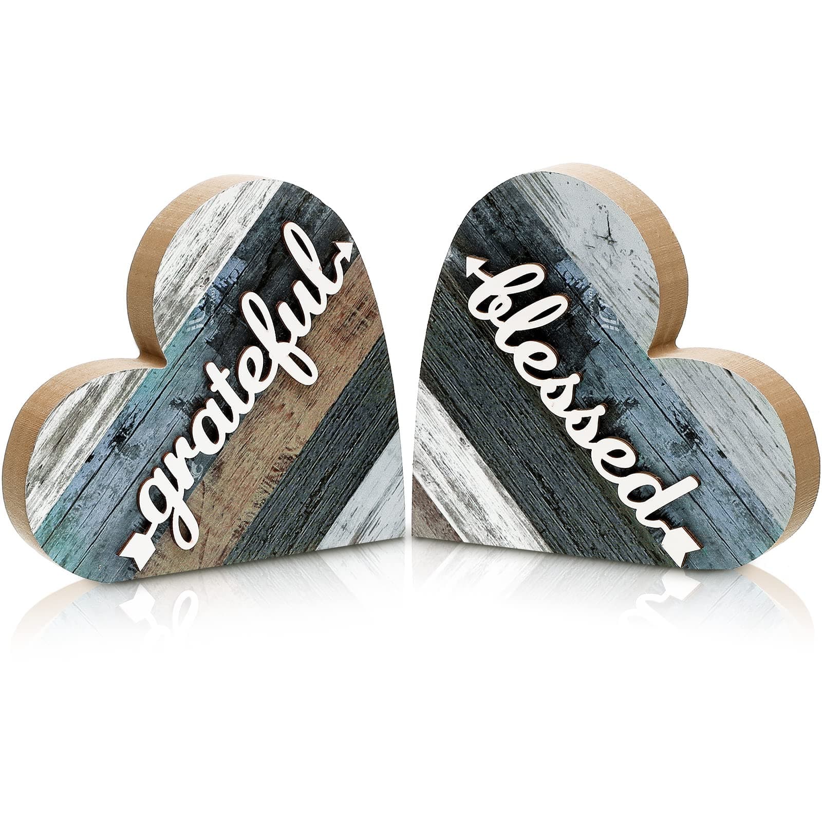 Jetec 2 Pcs Rustic Wooden Heart Table Decor, Daisy Farmhouse Home Decor, Bless This Home & Be Kind Sign for Living Room, Dining Room, Shelf & Mantel, Ideal Housewarming & Birthday Gift(Grateful Style)