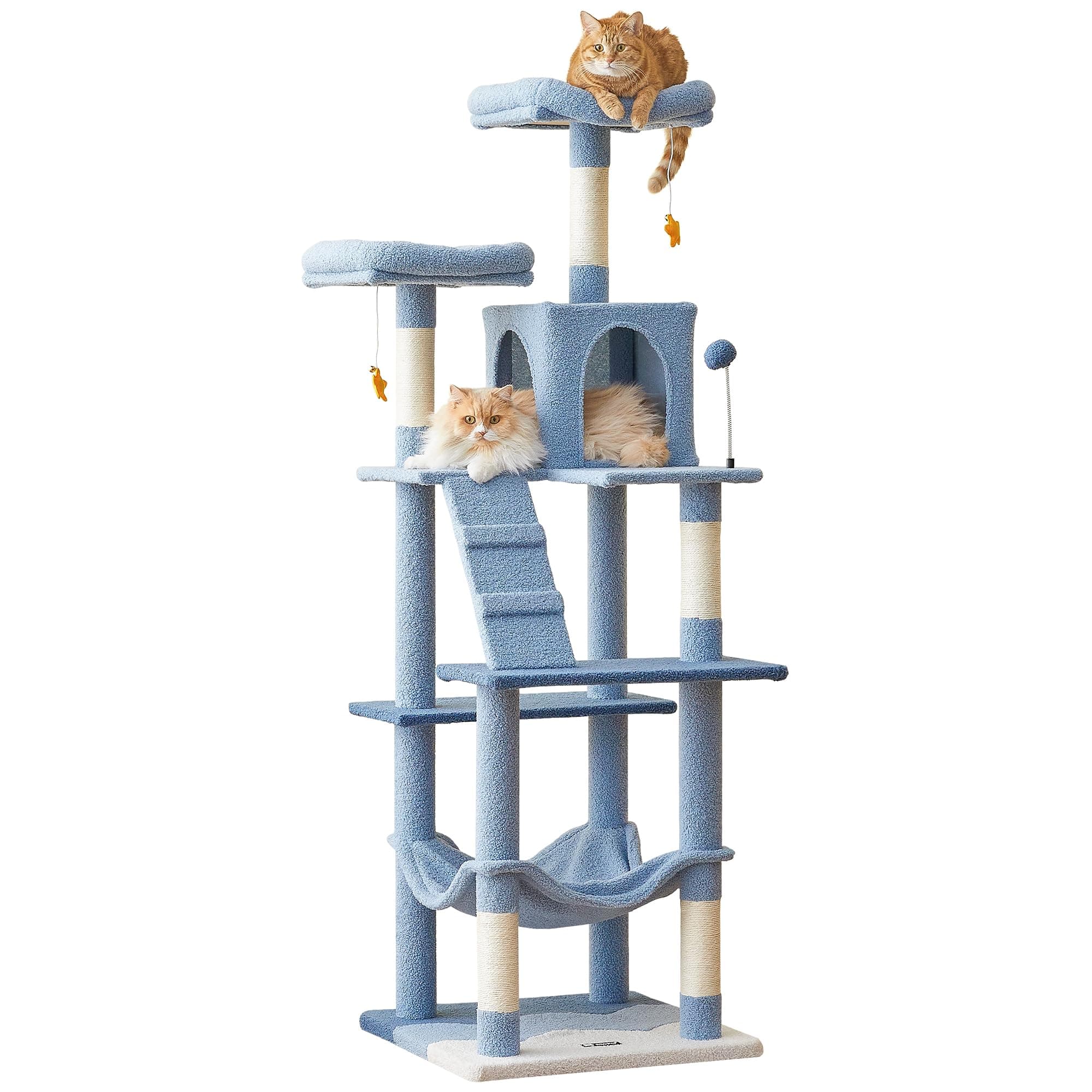 MWPO Ocean-Themed Cat Tree, 70.1-Inch Multi-Level Tall Tower for Indoor Cats, Plush Cat Condo with Big Padded Perches, Sisal-Covered Scratching Posts, Hammock, Toys for Kittens, Blue