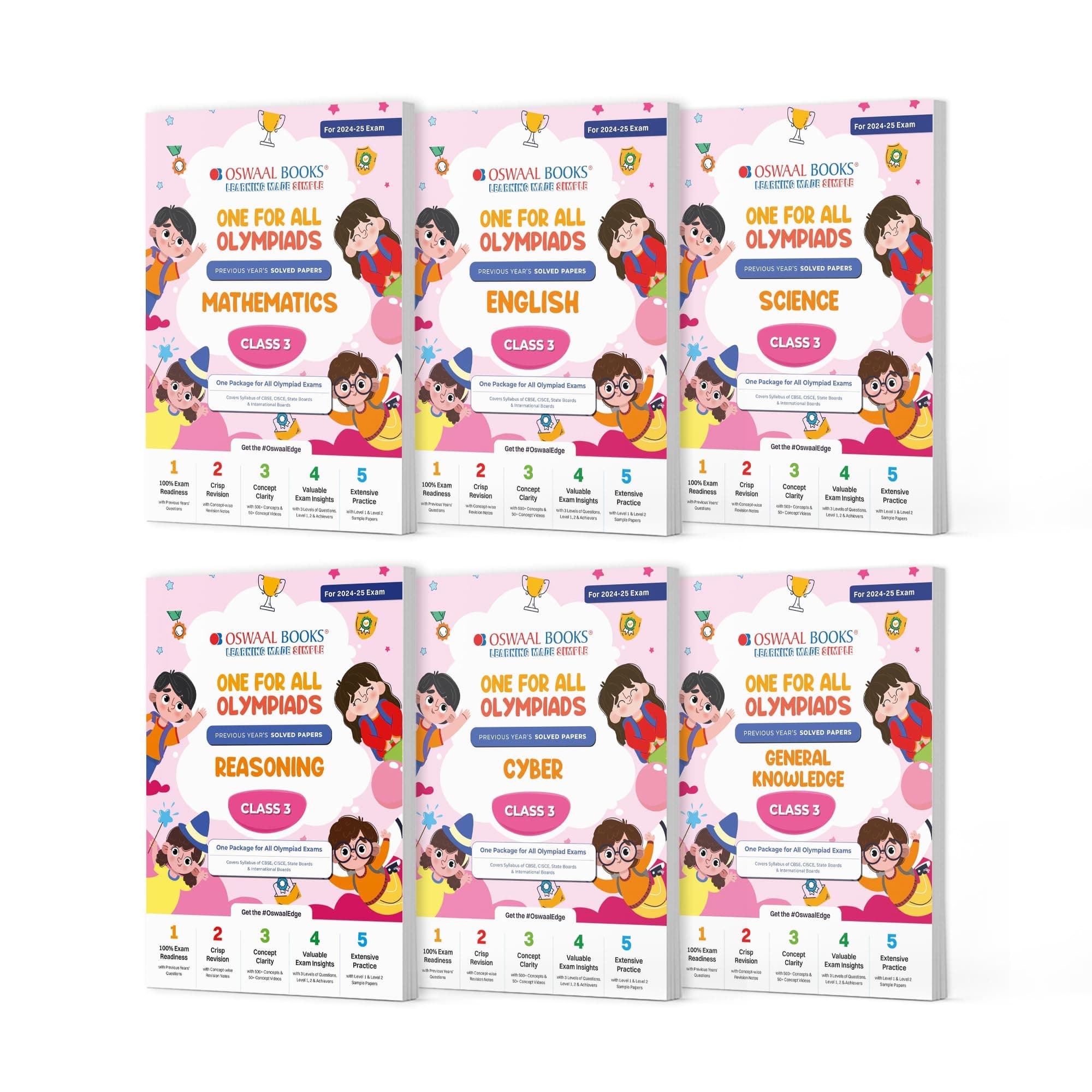 Oswaal One for All Olympiad Previous Years' Solved Papers Class 3 (Set of 6 Books) Maths, English, Science, Reasoning, Cyber & General Knowledge (for 2024-25 Exam)