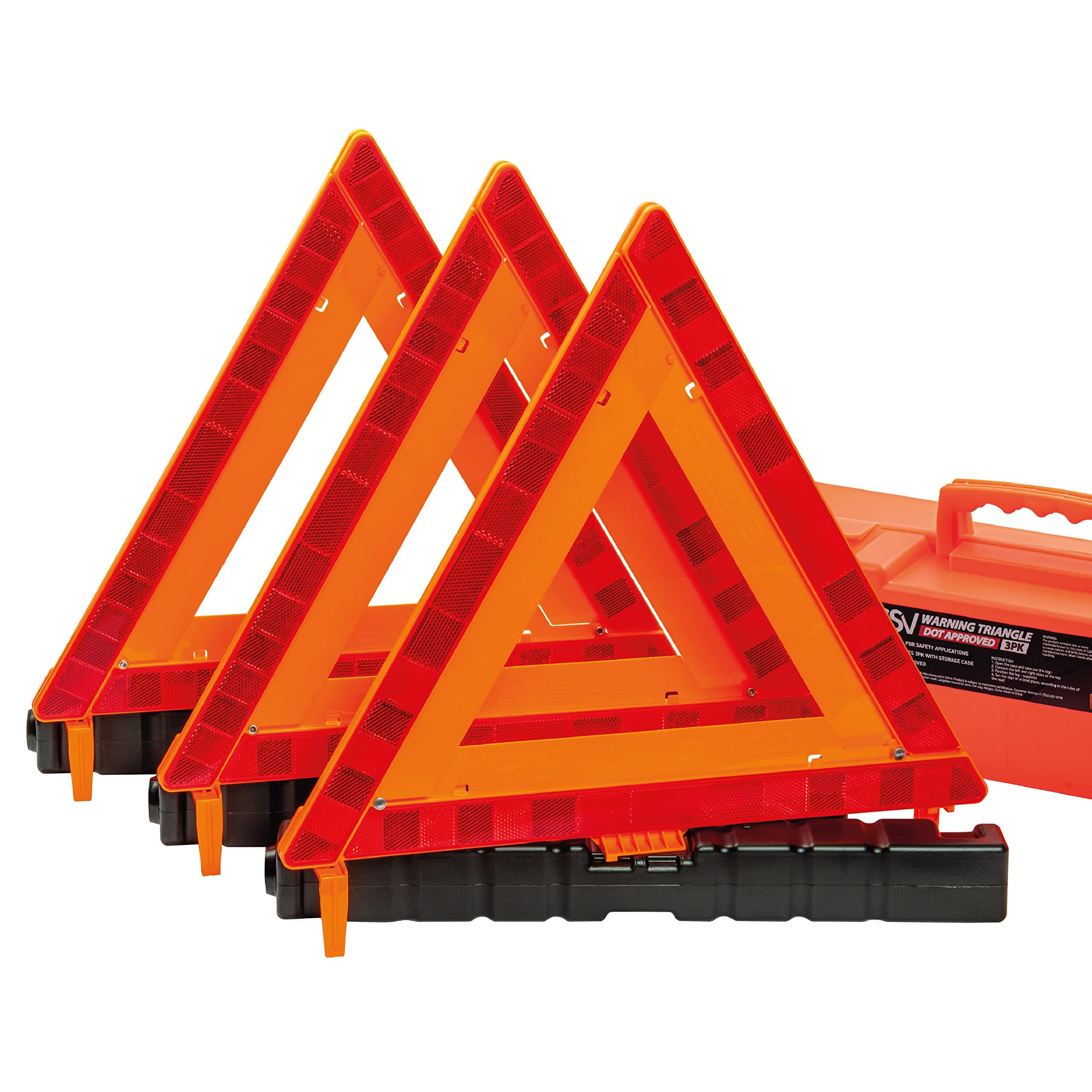 Warning Triangles, Safety Triangles DOT Approved, Plastic, 3 Pack, Reflective Triangles with Heavy Base, FMVSS 571.125 &Carrying Case Included