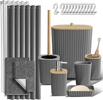 Clara Clark Bathroom Accessories Set - Grey Bathroom Set, Bathroom Sets with Shower Curtain and Rugs, 22PC Shower Curtain Set with Bathroom Trash Can