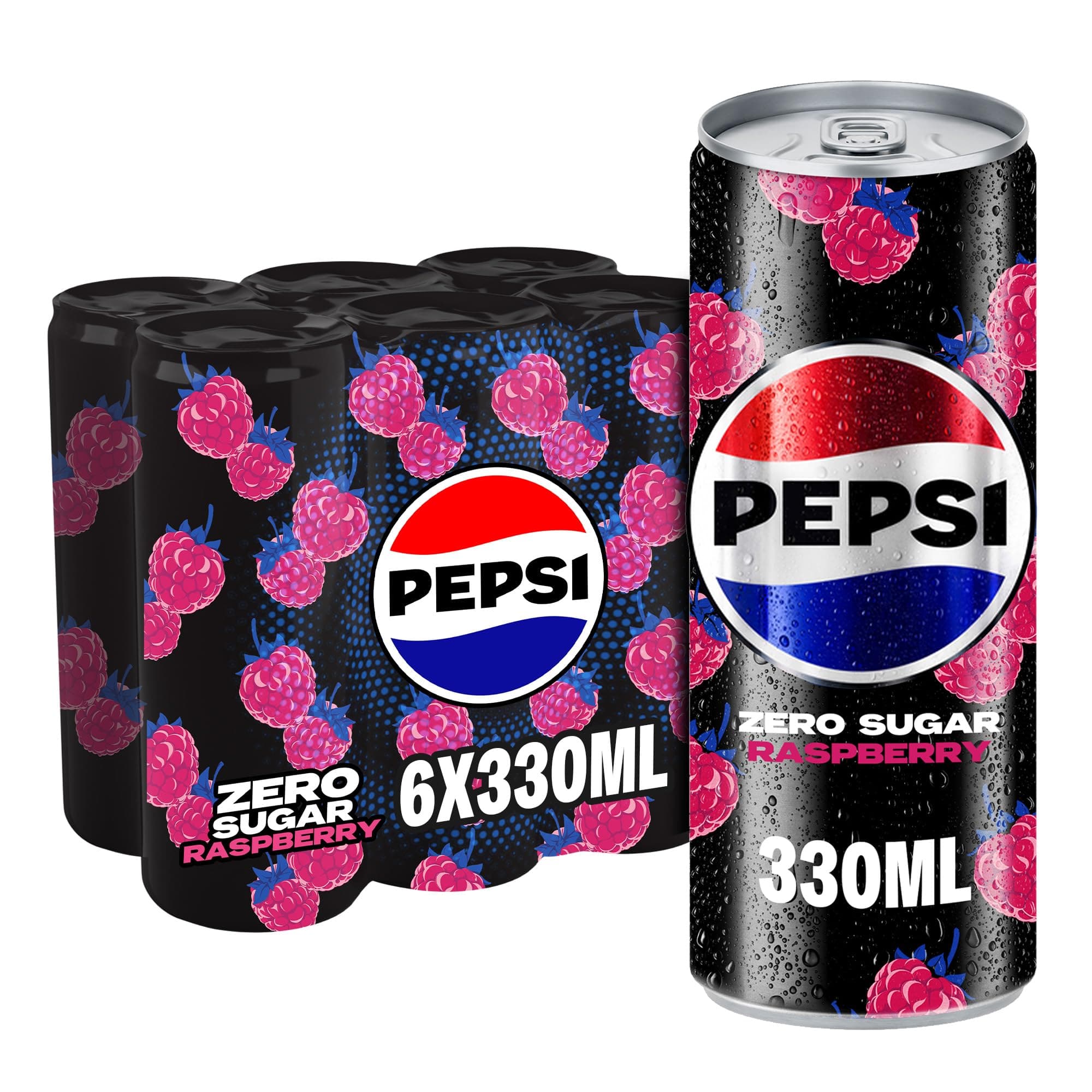 Pepsi Zero, Carbonated Soft Drink, Raspberry Flavor, Zero Calories & No Sugar, 330mlx6