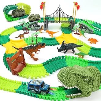 - Dinosaur World Race Track Toys - 216pcs Flexible Track Playset with 1 Dinosaur Car, 1 Race Car, 6 Dino Toys, for Kids 3 4 5 6 Year & Up Old (Boys and Girls)