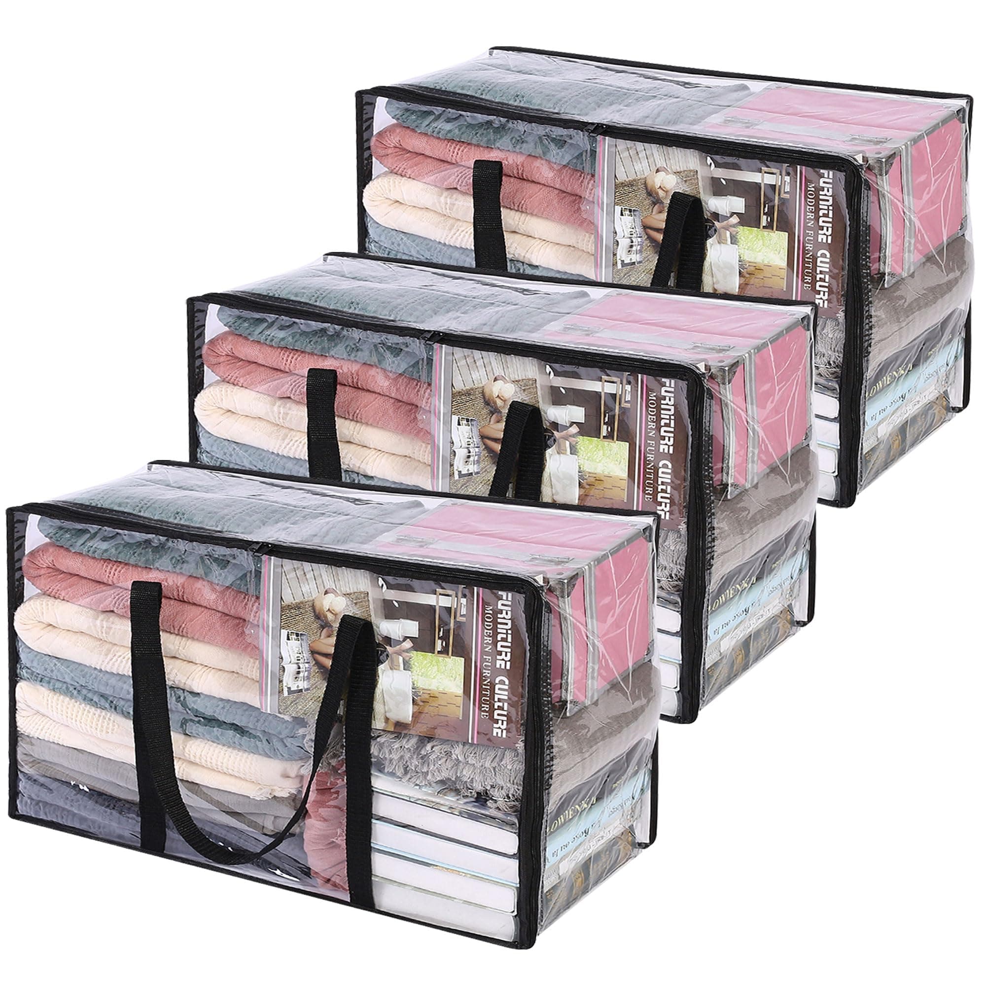 Vieshful 3 Pack Clear Comforter Storage Bag, 60L Clothes Storage Bag with Zipper Closet Organizer, Plastic Storage Containers Moving bags for Comforter, Blanket, Bedding, Duvet, Toys