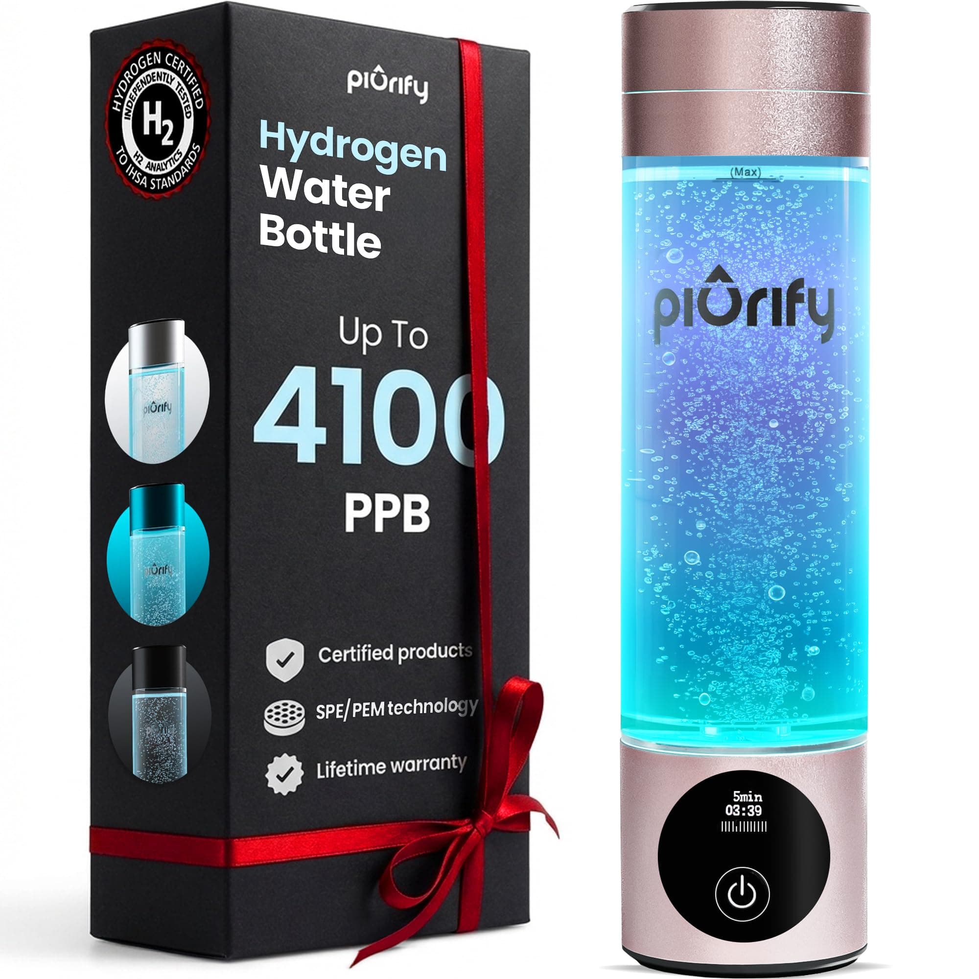 PIURIFY Hydrogen Water Bottle Generator - Up to 4100+ PPB Molecular Hydrogen Infusion - SPE/PEM Technology - Certified H2 Generator - Rechargeable - Extended Warranty - 10 oz (Pink)