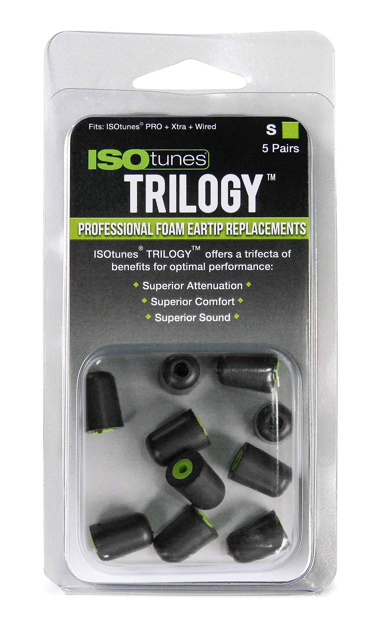 Trilogy™ Foam Replacement Eartips for ISOtunes PRO, Xtra, Wired (5 Pair Pack) (Small, Green)