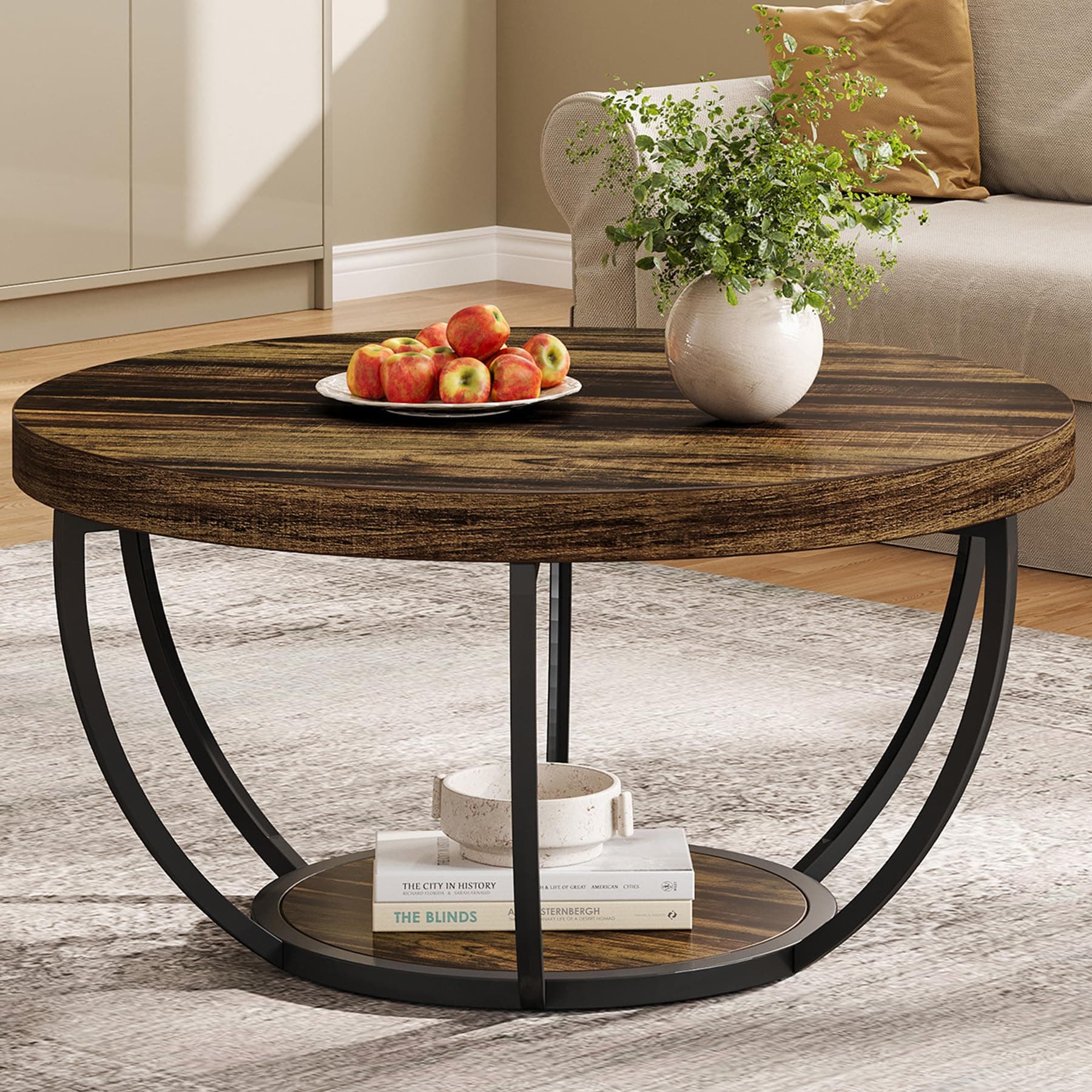 Round Coffee Table, Industrial 2-Tier Circle Coffee Table with Storage Shelves, Modern Wooden Accent Center Table Sofa Side Table for Living Room, ‎‎‎Rustic Brown and Black