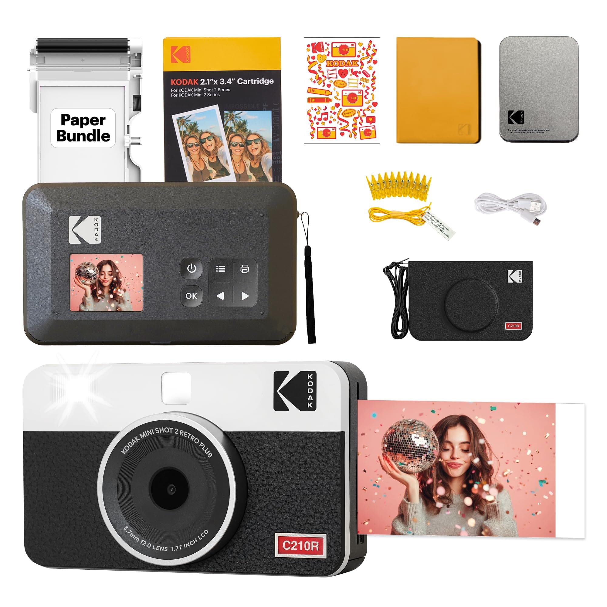 KODAK Mini Shot 2 Retro 4PASS 2-in-1 Instant Camera and Photo Printer (2.1x3.4 inches) + Initial 8 Sheets + 30 Sheets Gift Bundle, White