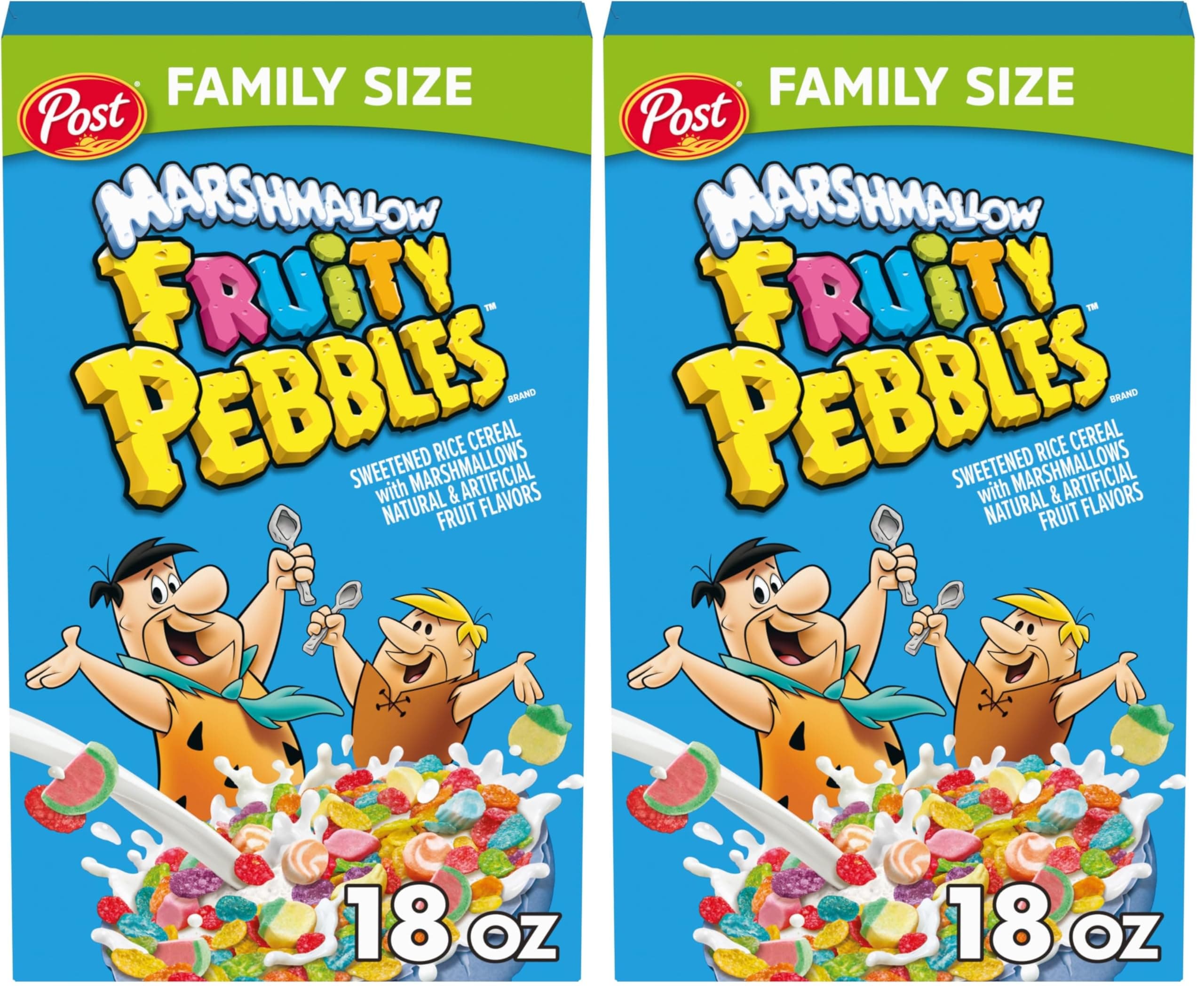 Post Fruity PEBBLES Marshmallow Cereal, Fruity Kids Cereal with Marshmallows, Gluten Free, 18 OZ Box (Pack of 2)
